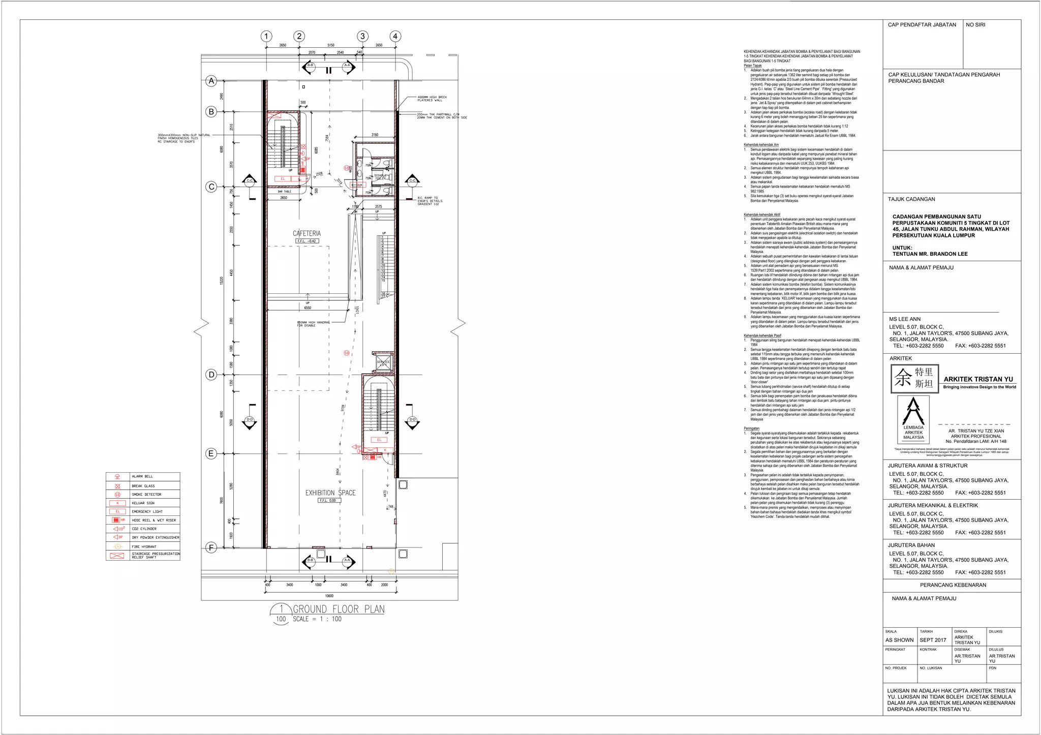 LEMBAGA
ARKITEK
MALAYSIA
CAP PENDAFTAR JABATAN NO SIRI
CAP KELULUSAN/ TANDATAGAN PENGARAH
PERANCANG BANDAR
LUKISAN INI ADALAH HAK CIPTA ARKITEK TRISTAN
YU. LUKISAN INI TIDAK BOLEH DICETAK SEMULA
DALAM APA JUA BENTUK MELAINKAN KEBENARAN
DARIPADA ARKITEK TRISTAN YU.
TAJUK CADANGAN
CADANGAN PEMBANGUNAN SATU
PERPUSTAKAAN KOMUNITI 5 TINGKAT DI LOT
45, JALAN TUNKU ABDUL RAHMAN, WILAYAH
PERSEKUTUAN KUALA LUMPUR
UNTUK:
TENTUAN MR. BRANDON LEE
NAMA & ALAMAT PEMAJU
MS LEE ANN
LEVEL 5.07, BLOCK C,
NO. 1, JALAN TAYLOR'S, 47500 SUBANG JAYA,
SELANGOR, MALAYSIA.
TEL: +603-2282 5550 FAX: +603-2282 5551
PERANCANG KEBENARAN
NAMA & ALAMAT PEMAJU
JURUTERA BAHAN
LEVEL 5.07, BLOCK C,
NO. 1, JALAN TAYLOR'S, 47500 SUBANG JAYA,
SELANGOR, MALAYSIA.
TEL: +603-2282 5550 FAX: +603-2282 5551
ARKITEK
AR. TRISTAN YU TZE XIAN
ARKITEK PROFESIONAL
No. Pendafdaran LAM: A/H 148
JURUTERA MEKANIKAL & ELEKTRIK
LEVEL 5.07, BLOCK C,
NO. 1, JALAN TAYLOR'S, 47500 SUBANG JAYA,
SELANGOR, MALAYSIA.
TEL: +603-2282 5550 FAX: +603-2282 5551
JURUTERA AWAM & STRUKTUR
LEVEL 5.07, BLOCK C,
NO. 1, JALAN TAYLOR'S, 47500 SUBANG JAYA,
SELANGOR, MALAYSIA.
TEL: +603-2282 5550 FAX: +603-2282 5551
*Saya menperakui bahawa detail-detail dalam pelan-pelan iaitu adalah menurut kehendak-kehendak
Undang-undang Kecil Bangunan Seragam Wilayah Persektuan Kuala Lumpur 1985 dan setuju
terima tanggungjawab penuh dengan sewajanya.
SKALA
AS SHOWN
TARIKH
SEPT 2017
DIREKA
ARKITEK
TRISTAN YU
DILUKIS
DISEMAKKONTRAKPERINGKAT DILULUS
NO. PROJEK NO. LUKISAN PDN
AR.TRISTAN
YU
AR.TRISTAN
YU
特里
斯坦余 ARKITEK TRISTAN YU
Bringing inovatove Design to the World
B
C
1 2 3 4
F
A
D
E
A-AB-B
A-AB-B
C-C
D-D
C-C
D-D
KEHENDAK-KEHANDAK JABATAN BOMBA & PENYELAMAT BAGI BANGUNAN
1-5 TINGKAT KEHENDAK-KEHENDAK JABATAN BOMBA & PENYELAMAT
BAGI BANGUNAN 1-5 TINGKAT
Pelan Tapak
1. Adakan buah pili bomba jenis tiang pengeluaran dua hala dengan
pengeluaran air sebanyak 1362 liter seminit bagi setiap pili bomba dan
2724/4086 lit/min apabila 2/3 buah pili bomba dibuka serentak (Pressurized
Hydrant). Paip-paip yang digunakan untuk sistem pili bomba hendaklah dari
jenis G.I. kelas `C' atau `Steel Line Cement Pipe'. `Fitting' yang digunakan
untuk jenis paip-paip tersebut hendaklah dibuat daripada `Wrought Steel'.
2. Mengadakan 2 talian hos berukuran 64mm x 30m dan sebatang nozzle dari
jenis `Jet & Spray' yang ditempatkan di dalam peti cabinet berhampiran
dengan tiap-tiap pili bomba.
3. Adakan jalan akses perkakas bomba (access road) dengan kelebaran tidak
kurang 6 meter yang boleh menanggung beban 25 tan sepertimana yang
ditandakan di dalam pelan.
4. Kecerunan jalan akses perkakas bomba hendaklah tidak kurang 1:12
5. Ketinggian kelegaan hendaklah tidak kurang daripada 5 meter.
6. Jarak antara bangunan hendaklah mematuhi Jadual Ke Enam UBBL 1984.
Kehendak-kehendak Am
1. Semua pendawaian elektrik bagi sistem kecemasan hendaklah di dalam
konduit logam atau daripada kabel yang mempunyai penebat mineral tahan
api. Pemasangannya hendaklah sepanjang kawasan yang paling kurang
risiko kebakarannya dan mematuhi UUK 253, UUKBS 1984.
2. Semua elemen struktur hendaklah mempunyai tempoh ketahanan api
mengikut UBBL 1984.
3. Adakan sistem pengudaraan bagi tangga keselamatan samada secara biasa
atau mekanikal.
4. Semua papan tanda keselamatan kebakaran hendaklah mematuhi MS
982:1985
5. Sila kemukakan tiga (3) set buku operasi mengikut syarat-syarat Jabatan
Bomba dan Penyelamat Malaysia.
Kehendak-kehendak Aktif
1. Adakan unit penggera kebakaran jenis pecah kaca mengikut syarat-syarat
penentuan Tatatertib Amalan Piawaian British atau mana-mana yang
dibenarkan oleh Jabatan Bomba dan Penyelamat Malaysia.
2. Adakan suis pengasingan elektrik (electrical isolation switch) dan hendaklah
tidak menjejaskan apabila ia ditutup.
3.. Adakan sistem siaraya awam (public address system) dan pemasangannya
hendaklah menepati kehendak-kehendak Jabatan Bomba dan Penyelamat
Malaysia.
4. Adakan sebuah pusat pemerintahan dan kawalan kebakaran di lantai tetuan
(designated floor) yang dilengkapi dengan peti penggera kebakaran.
5. Adakan unit alat pemadam api yang bersesuaian menurut MS
1539:Part1:2002 sepertimana yang ditandakan di dalam pelan.
6. Ruangan lobi lif hendaklah dilindungi dibina dari bahan rintangan api dua jam
dan hendaklah dilindungi dengan alat pengesan asap mengikut UBBL 1984.
7. Adakan sistem komunikasi bomba (telefon bomba). Sistem komunikasinya
hendaklah tiga hala dan penempatannya didalam tangga keselamatan/lobi
menentang kebakaran, bilik motor lif, bilik pam bomba dan bilik jana kuasa.
8. Adakan lampu tanda `KELUAR' kecemasan yang menggunakan dua kuasa
karan sepertimana yang ditandakan di dalam pelan. Lampu-lampu tersebut
tersebut hendaklah dari jenis yang dibenarkan oleh Jabatan Bomba dan
Penyelamat Malaysia.
9. Adakan lampu kecemasan yang menggunakan dua kuasa karan sepertimana
yang ditandakan di dalam pelan. Lampu-lampu tersebut hendaklah dari jenis
yang dibenarkan oleh Jabatan Bomba dan Penyelamat Malaysia.
Kehendak-kehendak Pasif
1. Penggunaan siling bangunan hendaklah menepati kehendak-kehendak UBBL
1984
2. Semua tangga keselamatan hendaklah dikepong dengan tembok batu bata
setebal 115mm atau tangga terbuka yang memenuhi kehendak-kehendak
UBBL 1984 sepertimana yang ditandakan di dalam pelan
3. Adakan pintu rintangan api satu jam sepertimana yang ditandakan di dalam
pelan. Pemasanganya hendaklah tertutup sendiri dan tertutup rapat
4. Dinding bagi setor yang disifatkan merbahaya hendaklah setebal 100mm
batu bata dan pintunya dari jenis rintangan api satu jam dipasang dengan
'door-closer'
5. Semua lubang perkhidmatan (sevice shaft) hendaklah ditutup di setiap
tingkat dengan bahan rintangan api dua jam
6. Semua bilik bagi penempatan pam bomba dan janakuasa hendaklah dibina
dari tembok batu batayang tahan rintangan api dua jam. pintu-pintunya
hendaklah dari rintangan api satu jam
7. Semua dinding pembahagi dalaman hendaklah dari jenis rintangan api 1/2
jam dan dari jenis yang dibenarkan oleh Jabatan Bomba dan Penyelamat
Malaysia
Peringatan
1. Segala syarat-syaratyang dikemukakan adalah tertakluk kepada rekabentuk
dan kegunaan serta lokasi bangunan tersebut. Sekiranya sebarang
perubahan yang dilakukan ke atas rekabentuk atau kegunaanya seperti yang
dicatatkan di atas pelan maka hendaklah dirujuk kejabatan ini dikaji semula
2. Segala pemilihan bahan dan penggunaannya yang berkaitan dengan
keselamatan kebakaran bagi projek cadangan serta sistem pencegahan
kebakaran hendaklah mematuhi UBBL 1984 dan peraturan-peraturan yang
diterima sahaja dan yang dibenarkan oleh Jabatan Bomba dan Penyelamat
Malaysia.
3. Pengesahan pelan ini adalah tidak tertakluk kepada penyimpanan,
penggunaan, pemprosesan dan penghasilan bahan berbahaya atau kimia
berbahaya setelah pelan disahkan maka pelan bangunan tersebut hendaklah
dirujuk kembali ke jabatan ini untuk dikaji semula
4. Pelan lukisan dan pengiraan bagi semua pemasangan tetap hendaklah
dikemukakan ke Jabatan Bomba dan Penyelamat Malaysia. Jumlah
pelan-pelan yang dikemukan hendaklah tidak kurang (3) perenggu
5. Mana-mana premis yang mengendalikan, memproses atau menyimpan
bahan-bahan bahaya hendaklah diadakan tanda khas mengikut symbol
'Hazchem Code'. Tanda-tanda hendaklah mudah dilihat.
 