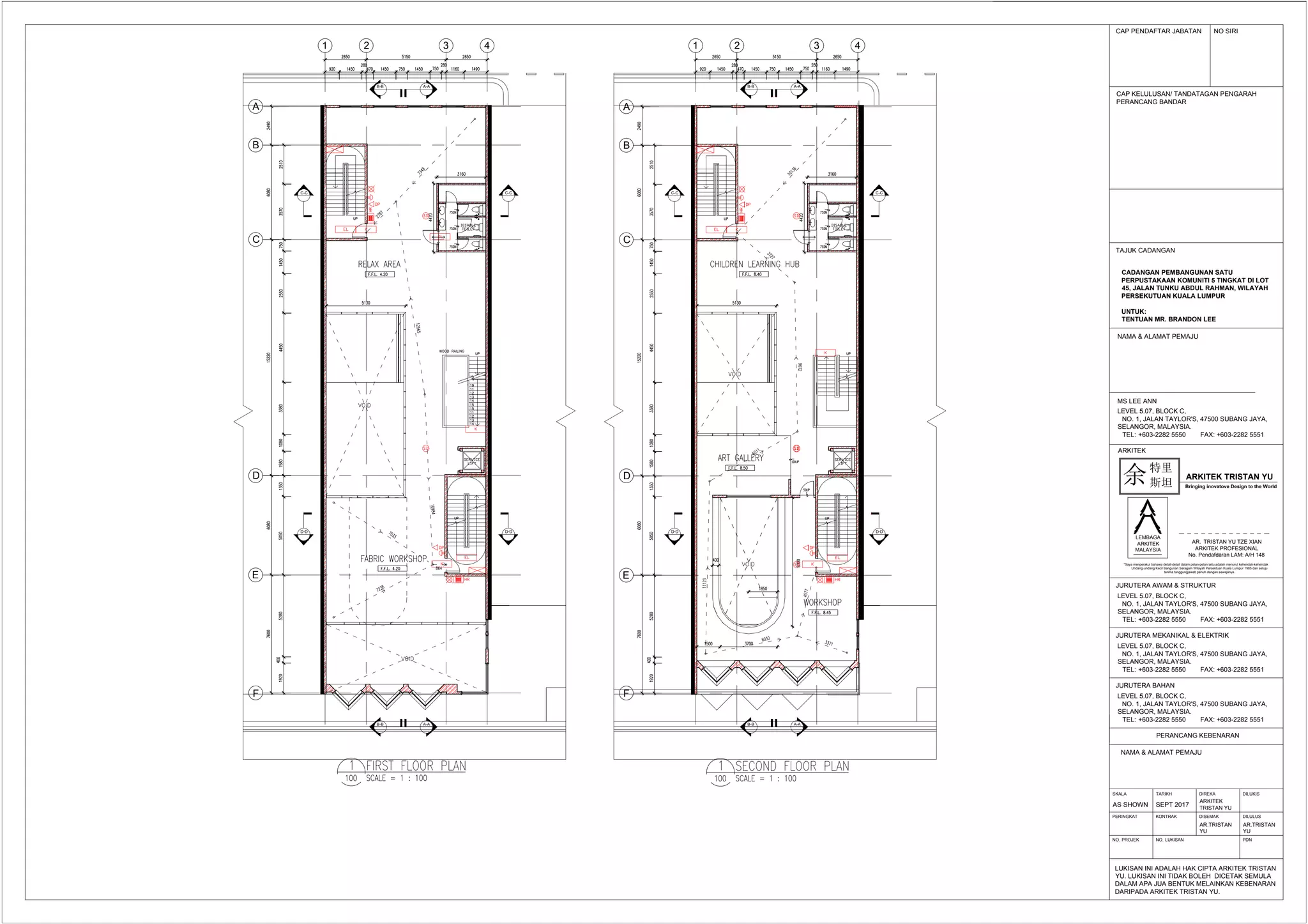 LEMBAGA
ARKITEK
MALAYSIA
CAP PENDAFTAR JABATAN NO SIRI
CAP KELULUSAN/ TANDATAGAN PENGARAH
PERANCANG BANDAR
LUKISAN INI ADALAH HAK CIPTA ARKITEK TRISTAN
YU. LUKISAN INI TIDAK BOLEH DICETAK SEMULA
DALAM APA JUA BENTUK MELAINKAN KEBENARAN
DARIPADA ARKITEK TRISTAN YU.
TAJUK CADANGAN
CADANGAN PEMBANGUNAN SATU
PERPUSTAKAAN KOMUNITI 5 TINGKAT DI LOT
45, JALAN TUNKU ABDUL RAHMAN, WILAYAH
PERSEKUTUAN KUALA LUMPUR
UNTUK:
TENTUAN MR. BRANDON LEE
NAMA & ALAMAT PEMAJU
MS LEE ANN
LEVEL 5.07, BLOCK C,
NO. 1, JALAN TAYLOR'S, 47500 SUBANG JAYA,
SELANGOR, MALAYSIA.
TEL: +603-2282 5550 FAX: +603-2282 5551
PERANCANG KEBENARAN
NAMA & ALAMAT PEMAJU
JURUTERA BAHAN
LEVEL 5.07, BLOCK C,
NO. 1, JALAN TAYLOR'S, 47500 SUBANG JAYA,
SELANGOR, MALAYSIA.
TEL: +603-2282 5550 FAX: +603-2282 5551
ARKITEK
AR. TRISTAN YU TZE XIAN
ARKITEK PROFESIONAL
No. Pendafdaran LAM: A/H 148
JURUTERA MEKANIKAL & ELEKTRIK
LEVEL 5.07, BLOCK C,
NO. 1, JALAN TAYLOR'S, 47500 SUBANG JAYA,
SELANGOR, MALAYSIA.
TEL: +603-2282 5550 FAX: +603-2282 5551
JURUTERA AWAM & STRUKTUR
LEVEL 5.07, BLOCK C,
NO. 1, JALAN TAYLOR'S, 47500 SUBANG JAYA,
SELANGOR, MALAYSIA.
TEL: +603-2282 5550 FAX: +603-2282 5551
*Saya menperakui bahawa detail-detail dalam pelan-pelan iaitu adalah menurut kehendak-kehendak
Undang-undang Kecil Bangunan Seragam Wilayah Persektuan Kuala Lumpur 1985 dan setuju
terima tanggungjawab penuh dengan sewajanya.
SKALA
AS SHOWN
TARIKH
SEPT 2017
DIREKA
ARKITEK
TRISTAN YU
DILUKIS
DISEMAKKONTRAKPERINGKAT DILULUS
NO. PROJEK NO. LUKISAN PDN
AR.TRISTAN
YU
AR.TRISTAN
YU
特里
斯坦余 ARKITEK TRISTAN YU
Bringing inovatove Design to the World
1 2 3 4
A-AB-B
A-AB-B
D-D D-D
C-C C-C
B
C
F
A
D
E
1 2 3 4
A-AB-B
A-AB-B
D-D D-D
C-C C-C
B
C
F
A
D
E
 