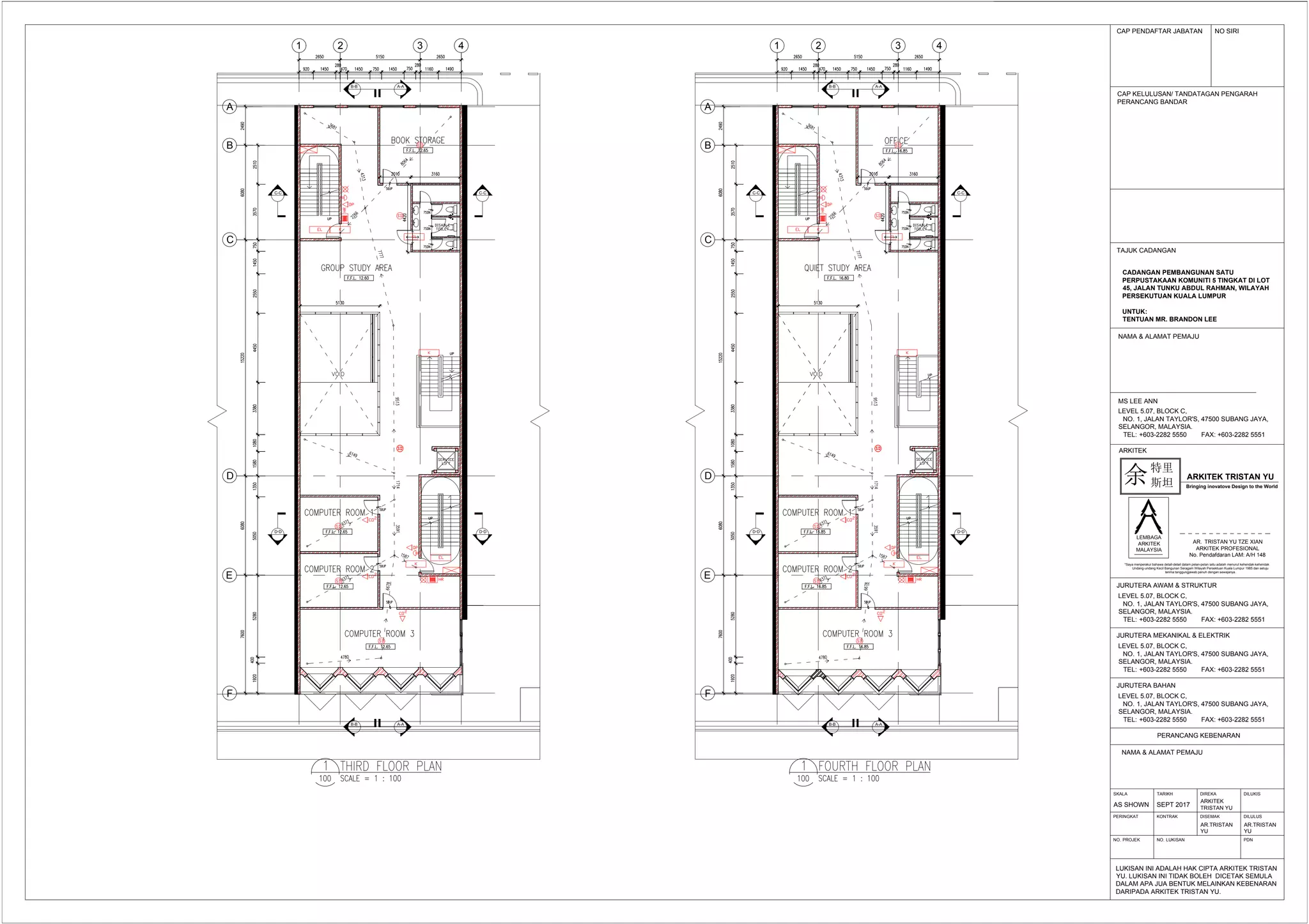 1 2 3 4
A-AB-B
A-AB-B
D-D D-D
C-C C-C
B
C
F
A
D
E
1 2 3 4
A-AB-B
A-AB-B
D-D D-D
C-C C-C
B
C
F
A
D
E
LEMBAGA
ARKITEK
MALAYSIA
CAP PENDAFTAR JABATAN NO SIRI
CAP KELULUSAN/ TANDATAGAN PENGARAH
PERANCANG BANDAR
LUKISAN INI ADALAH HAK CIPTA ARKITEK TRISTAN
YU. LUKISAN INI TIDAK BOLEH DICETAK SEMULA
DALAM APA JUA BENTUK MELAINKAN KEBENARAN
DARIPADA ARKITEK TRISTAN YU.
TAJUK CADANGAN
CADANGAN PEMBANGUNAN SATU
PERPUSTAKAAN KOMUNITI 5 TINGKAT DI LOT
45, JALAN TUNKU ABDUL RAHMAN, WILAYAH
PERSEKUTUAN KUALA LUMPUR
UNTUK:
TENTUAN MR. BRANDON LEE
NAMA & ALAMAT PEMAJU
MS LEE ANN
LEVEL 5.07, BLOCK C,
NO. 1, JALAN TAYLOR'S, 47500 SUBANG JAYA,
SELANGOR, MALAYSIA.
TEL: +603-2282 5550 FAX: +603-2282 5551
PERANCANG KEBENARAN
NAMA & ALAMAT PEMAJU
JURUTERA BAHAN
LEVEL 5.07, BLOCK C,
NO. 1, JALAN TAYLOR'S, 47500 SUBANG JAYA,
SELANGOR, MALAYSIA.
TEL: +603-2282 5550 FAX: +603-2282 5551
ARKITEK
AR. TRISTAN YU TZE XIAN
ARKITEK PROFESIONAL
No. Pendafdaran LAM: A/H 148
JURUTERA MEKANIKAL & ELEKTRIK
LEVEL 5.07, BLOCK C,
NO. 1, JALAN TAYLOR'S, 47500 SUBANG JAYA,
SELANGOR, MALAYSIA.
TEL: +603-2282 5550 FAX: +603-2282 5551
JURUTERA AWAM & STRUKTUR
LEVEL 5.07, BLOCK C,
NO. 1, JALAN TAYLOR'S, 47500 SUBANG JAYA,
SELANGOR, MALAYSIA.
TEL: +603-2282 5550 FAX: +603-2282 5551
*Saya menperakui bahawa detail-detail dalam pelan-pelan iaitu adalah menurut kehendak-kehendak
Undang-undang Kecil Bangunan Seragam Wilayah Persektuan Kuala Lumpur 1985 dan setuju
terima tanggungjawab penuh dengan sewajanya.
SKALA
AS SHOWN
TARIKH
SEPT 2017
DIREKA
ARKITEK
TRISTAN YU
DILUKIS
DISEMAKKONTRAKPERINGKAT DILULUS
NO. PROJEK NO. LUKISAN PDN
AR.TRISTAN
YU
AR.TRISTAN
YU
特里
斯坦余 ARKITEK TRISTAN YU
Bringing inovatove Design to the World
 