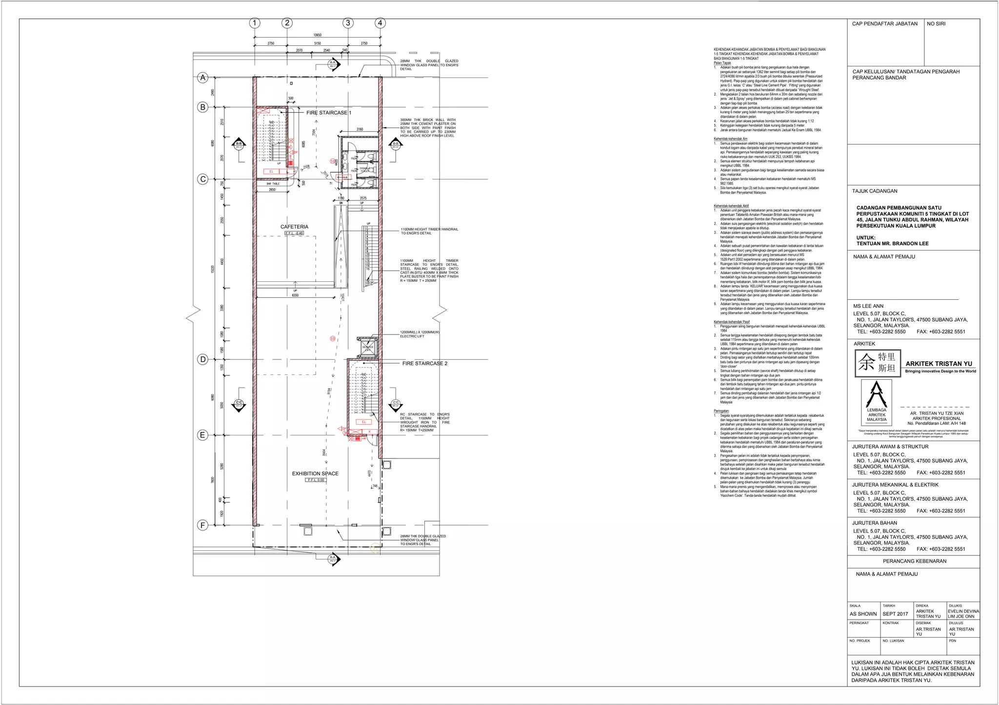 LEMBAGA
ARKITEK
MALAYSIA
CAP PENDAFTAR JABATAN NO SIRI
CAP KELULUSAN/ TANDATAGAN PENGARAH
PERANCANG BANDAR
LUKISAN INI ADALAH HAK CIPTA ARKITEK TRISTAN
YU. LUKISAN INI TIDAK BOLEH DICETAK SEMULA
DALAM APA JUA BENTUK MELAINKAN KEBENARAN
DARIPADA ARKITEK TRISTAN YU.
TAJUK CADANGAN
CADANGAN PEMBANGUNAN SATU
PERPUSTAKAAN KOMUNITI 5 TINGKAT DI LOT
45, JALAN TUNKU ABDUL RAHMAN, WILAYAH
PERSEKUTUAN KUALA LUMPUR
UNTUK:
TENTUAN MR. BRANDON LEE
NAMA & ALAMAT PEMAJU
MS LEE ANN
LEVEL 5.07, BLOCK C,
NO. 1, JALAN TAYLOR'S, 47500 SUBANG JAYA,
SELANGOR, MALAYSIA.
TEL: +603-2282 5550 FAX: +603-2282 5551
PERANCANG KEBENARAN
NAMA & ALAMAT PEMAJU
JURUTERA BAHAN
LEVEL 5.07, BLOCK C,
NO. 1, JALAN TAYLOR'S, 47500 SUBANG JAYA,
SELANGOR, MALAYSIA.
TEL: +603-2282 5550 FAX: +603-2282 5551
ARKITEK
AR. TRISTAN YU TZE XIAN
ARKITEK PROFESIONAL
No. Pendafdaran LAM: A/H 148
JURUTERA MEKANIKAL & ELEKTRIK
LEVEL 5.07, BLOCK C,
NO. 1, JALAN TAYLOR'S, 47500 SUBANG JAYA,
SELANGOR, MALAYSIA.
TEL: +603-2282 5550 FAX: +603-2282 5551
JURUTERA AWAM & STRUKTUR
LEVEL 5.07, BLOCK C,
NO. 1, JALAN TAYLOR'S, 47500 SUBANG JAYA,
SELANGOR, MALAYSIA.
TEL: +603-2282 5550 FAX: +603-2282 5551
*Saya menperakui bahawa detail-detail dalam pelan-pelan iaitu adalah menurut kehendak-kehendak
Undang-undang Kecil Bangunan Seragam Wilayah Persektuan Kuala Lumpur 1985 dan setuju
terima tanggungjawab penuh dengan sewajanya.
SKALA
AS SHOWN
TARIKH
SEPT 2017
DIREKA
ARKITEK
TRISTAN YU
DILUKIS
DISEMAKKONTRAKPERINGKAT DILULUS
NO. PROJEK NO. LUKISAN PDN
AR.TRISTAN
YU
AR.TRISTAN
YU
特里
斯坦余 ARKITEK TRISTAN YU
Bringing innovative Design to the World
B
C
F
A
D
E
DISABLE
TOILET75DN
75DN
75DN
SERVICE
LIFT
KEHENDAK-KEHANDAK JABATAN BOMBA & PENYELAMAT BAGI BANGUNAN
1-5 TINGKAT KEHENDAK-KEHENDAK JABATAN BOMBA & PENYELAMAT
BAGI BANGUNAN 1-5 TINGKAT
Pelan Tapak
1. Adakan buah pili bomba jenis tiang pengeluaran dua hala dengan
pengeluaran air sebanyak 1362 liter seminit bagi setiap pili bomba dan
2724/4086 lit/min apabila 2/3 buah pili bomba dibuka serentak (Pressurized
Hydrant). Paip-paip yang digunakan untuk sistem pili bomba hendaklah dari
jenis G.I. kelas `C' atau `Steel Line Cement Pipe'. `Fitting' yang digunakan
untuk jenis paip-paip tersebut hendaklah dibuat daripada `Wrought Steel'.
2. Mengadakan 2 talian hos berukuran 64mm x 30m dan sebatang nozzle dari
jenis `Jet & Spray' yang ditempatkan di dalam peti cabinet berhampiran
dengan tiap-tiap pili bomba.
3. Adakan jalan akses perkakas bomba (access road) dengan kelebaran tidak
kurang 6 meter yang boleh menanggung beban 25 tan sepertimana yang
ditandakan di dalam pelan.
4. Kecerunan jalan akses perkakas bomba hendaklah tidak kurang 1:12
5. Ketinggian kelegaan hendaklah tidak kurang daripada 5 meter.
6. Jarak antara bangunan hendaklah mematuhi Jadual Ke Enam UBBL 1984.
Kehendak-kehendak Am
1. Semua pendawaian elektrik bagi sistem kecemasan hendaklah di dalam
konduit logam atau daripada kabel yang mempunyai penebat mineral tahan
api. Pemasangannya hendaklah sepanjang kawasan yang paling kurang
risiko kebakarannya dan mematuhi UUK 253, UUKBS 1984.
2. Semua elemen struktur hendaklah mempunyai tempoh ketahanan api
mengikut UBBL 1984.
3. Adakan sistem pengudaraan bagi tangga keselamatan samada secara biasa
atau mekanikal.
4. Semua papan tanda keselamatan kebakaran hendaklah mematuhi MS
982:1985
5. Sila kemukakan tiga (3) set buku operasi mengikut syarat-syarat Jabatan
Bomba dan Penyelamat Malaysia.
Kehendak-kehendak Aktif
1. Adakan unit penggera kebakaran jenis pecah kaca mengikut syarat-syarat
penentuan Tatatertib Amalan Piawaian British atau mana-mana yang
dibenarkan oleh Jabatan Bomba dan Penyelamat Malaysia.
2. Adakan suis pengasingan elektrik (electrical isolation switch) dan hendaklah
tidak menjejaskan apabila ia ditutup.
3.. Adakan sistem siaraya awam (public address system) dan pemasangannya
hendaklah menepati kehendak-kehendak Jabatan Bomba dan Penyelamat
Malaysia.
4. Adakan sebuah pusat pemerintahan dan kawalan kebakaran di lantai tetuan
(designated floor) yang dilengkapi dengan peti penggera kebakaran.
5. Adakan unit alat pemadam api yang bersesuaian menurut MS
1539:Part1:2002 sepertimana yang ditandakan di dalam pelan.
6. Ruangan lobi lif hendaklah dilindungi dibina dari bahan rintangan api dua jam
dan hendaklah dilindungi dengan alat pengesan asap mengikut UBBL 1984.
7. Adakan sistem komunikasi bomba (telefon bomba). Sistem komunikasinya
hendaklah tiga hala dan penempatannya didalam tangga keselamatan/lobi
menentang kebakaran, bilik motor lif, bilik pam bomba dan bilik jana kuasa.
8. Adakan lampu tanda `KELUAR' kecemasan yang menggunakan dua kuasa
karan sepertimana yang ditandakan di dalam pelan. Lampu-lampu tersebut
tersebut hendaklah dari jenis yang dibenarkan oleh Jabatan Bomba dan
Penyelamat Malaysia.
9. Adakan lampu kecemasan yang menggunakan dua kuasa karan sepertimana
yang ditandakan di dalam pelan. Lampu-lampu tersebut hendaklah dari jenis
yang dibenarkan oleh Jabatan Bomba dan Penyelamat Malaysia.
Kehendak-kehendak Pasif
1. Penggunaan siling bangunan hendaklah menepati kehendak-kehendak UBBL
1984
2. Semua tangga keselamatan hendaklah dikepong dengan tembok batu bata
setebal 115mm atau tangga terbuka yang memenuhi kehendak-kehendak
UBBL 1984 sepertimana yang ditandakan di dalam pelan
3. Adakan pintu rintangan api satu jam sepertimana yang ditandakan di dalam
pelan. Pemasanganya hendaklah tertutup sendiri dan tertutup rapat
4. Dinding bagi setor yang disifatkan merbahaya hendaklah setebal 100mm
batu bata dan pintunya dari jenis rintangan api satu jam dipasang dengan
'door-closer'
5. Semua lubang perkhidmatan (sevice shaft) hendaklah ditutup di setiap
tingkat dengan bahan rintangan api dua jam
6. Semua bilik bagi penempatan pam bomba dan janakuasa hendaklah dibina
dari tembok batu batayang tahan rintangan api dua jam. pintu-pintunya
hendaklah dari rintangan api satu jam
7. Semua dinding pembahagi dalaman hendaklah dari jenis rintangan api 1/2
jam dan dari jenis yang dibenarkan oleh Jabatan Bomba dan Penyelamat
Malaysia
Peringatan
1. Segala syarat-syaratyang dikemukakan adalah tertakluk kepada rekabentuk
dan kegunaan serta lokasi bangunan tersebut. Sekiranya sebarang
perubahan yang dilakukan ke atas rekabentuk atau kegunaanya seperti yang
dicatatkan di atas pelan maka hendaklah dirujuk kejabatan ini dikaji semula
2. Segala pemilihan bahan dan penggunaannya yang berkaitan dengan
keselamatan kebakaran bagi projek cadangan serta sistem pencegahan
kebakaran hendaklah mematuhi UBBL 1984 dan peraturan-peraturan yang
diterima sahaja dan yang dibenarkan oleh Jabatan Bomba dan Penyelamat
Malaysia.
3. Pengesahan pelan ini adalah tidak tertakluk kepada penyimpanan,
penggunaan, pemprosesan dan penghasilan bahan berbahaya atau kimia
berbahaya setelah pelan disahkan maka pelan bangunan tersebut hendaklah
dirujuk kembali ke jabatan ini untuk dikaji semula
4. Pelan lukisan dan pengiraan bagi semua pemasangan tetap hendaklah
dikemukakan ke Jabatan Bomba dan Penyelamat Malaysia. Jumlah
pelan-pelan yang dikemukan hendaklah tidak kurang (3) perenggu
5. Mana-mana premis yang mengendalikan, memproses atau menyimpan
bahan-bahan bahaya hendaklah diadakan tanda khas mengikut symbol
'Hazchem Code'. Tanda-tanda hendaklah mudah dilihat.
UP
UP
EVELIN DEVINA
LIM JOE ONN
1100MM HEIGHT TIMBER HANDRAIL
TO ENGR'S DETAIL
28MM THK DOUBLE GLAZED
WINDOW GLASS PANEL TO ENGR'S
DETAIL
28MM THK DOUBLE GLAZED
WINDOW GLASS PANEL
TO ENGR'S DETAIL
FIRE STAIRCASE 1
300MM THK BRICK WALL WITH
25MM THK CEMENT PLASTER ON
BOTH SIDE WITH PAINT FINISH
TO BE CARRIED UP TO 230MM
HIGH ABOVE ROOF FINISH LEVEL
RC STAIRCASE TO ENGR'S
DETAIL, 1100MM HEIGHT
WROUGHT IRON TO FIRE
STAIRCASE HANDRAIL
R= 150MM T=250MM
1100MM HEIGHT TIMBER
STAIRCASE TO ENGR'S DETAIL,
STEEL RAILING WELDED ONTO
CAST-IN-SITU 400MM X 6MM THICK
PLATE BUSTER TO BE PAINT FINISH
R = 150MM T = 250MM
FIRE STAIRCASE 2
1200MM(L) X 1200MM(W)
ELECTRIC LIFT
F.F.L. -0.46
CAFETERIA
F.F.L. 0.00
EXHIBITION SPACE
1 2 3 4
A-A
C-C
B-B
C-C
B-B
A-A
C-C
B-B
P6-17
P6-17
P7-17
P7-17 P7-17
P7-17
 