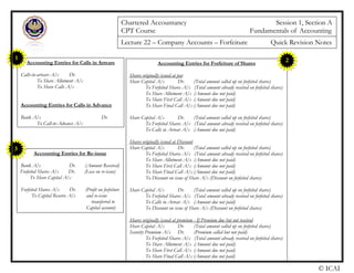 Chartered Accountancy Session 1, Section A
CPT Course Fundamentals of Accounting
Lecture 22 – Company Accounts – Forfeiture Quick Revision Notes
Accounting Entries for Calls in Arrears
Calls-in-arrears A/c Dr.
To Share Allotment A/c
To Share Calls A/c
Accounting Entries for Calls in Advance
Bank A/c Dr.
To Call-in-Advance A/c
1
Accounting Entries for Forfeiture of Shares
Shares originally issued at par
Share Capital A/c Dr. (Total amount called up on forfeited shares)
To Forfeited Shares A/c (Total amount already received on forfeited shares)
To Share Allotment A/c (Amount due not paid)
To Share First Call A/c (Amount due not paid)
To Share Final Call A/c (Amount due not paid)
Share Capital A/c Dr. (Total amount called up on forfeited shares)
To Forfeited Shares A/c (Total amount already received on forfeited shares)
To Calls in Arrear A/c (Amount due not paid)
Shares originally issued at Discount
Share Capital A/c Dr. (Total amount called up on forfeited shares)
To Forfeited Shares A/c (Total amount already received on forfeited shares)
To Share Allotment A/c (Amount due not paid)
To Share First Call A/c (Amount due not paid)
To Share Final Call A/c (Amount due not paid)
To Discount on issue of Share A/c (Discount on forfeited shares)
Share Capital A/c Dr. (Total amount called up on forfeited shares)
To Forfeited Shares A/c (Total amount already received on forfeited shares)
To Calls in Arrear A/c (Amount due not paid)
To Discount on issue of Share A/c (Discount on forfeited shares)
Shares originally issued at premium - If Premium due but not received
Share Capital A/c Dr. (Total amount called up on forfeited shares)
Security Premium A/c Dr. (Premium called but not paid)
To Forfeited Shares A/c (Total amount already received on forfeited shares)
To Share Allotment A/c (Amount due not paid)
To Share First Call A/c (Amount due not paid)
To Share Final Call A/c (Amount due not paid)
2
Accounting Entries for Re-issue
Bank A/c Dr. (Amount Received)
Forfeited Shares A/c Dr. (Loss on re-issue)
To Share Capital A/c
Forfeited Shares A/c Dr. (Profit on forfeiture
To Capital Reserve A/c and re-issue
transferred to
Capital account)
3
© ICAI
 