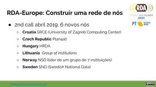 rd-alliance.org/groups/rda-portugal
RDA-Europe: Construir uma rede de nós
● 3rd call setembro 2019
● Objetivo da RDA-4: re...