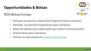 RDA in Brazil
Workshop II – A Research Data Alliance: a organização mundial e as
atividades em Portugal e no Brasil
Bianca...