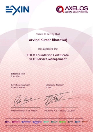 This is to certify that
Arvind Kumar Bhardwaj
Has achieved the
ITIL® Foundation Certificate
in IT Service Management
Effective from
2 April 2011
Certificate number Candidate Number
4176971.909785 4176971
Peter Hepworth, CEO, AXELOS drs. Bernd W.E. Taselaar, CEO, EXIN
This certificate remains the property of the issuing Examination Institute and shall be returned immediately upon request.
AXELOS, the AXELOS logo, the AXELOS swirl logo, ITIL, PRINCE2, MSP, M_o_R, P3M3, P3O, MoP and MoV are registered trade marks of AXELOS Limited. PRINCE2
Agile and RESILIA are trade marks of AXELOS Limited.
 