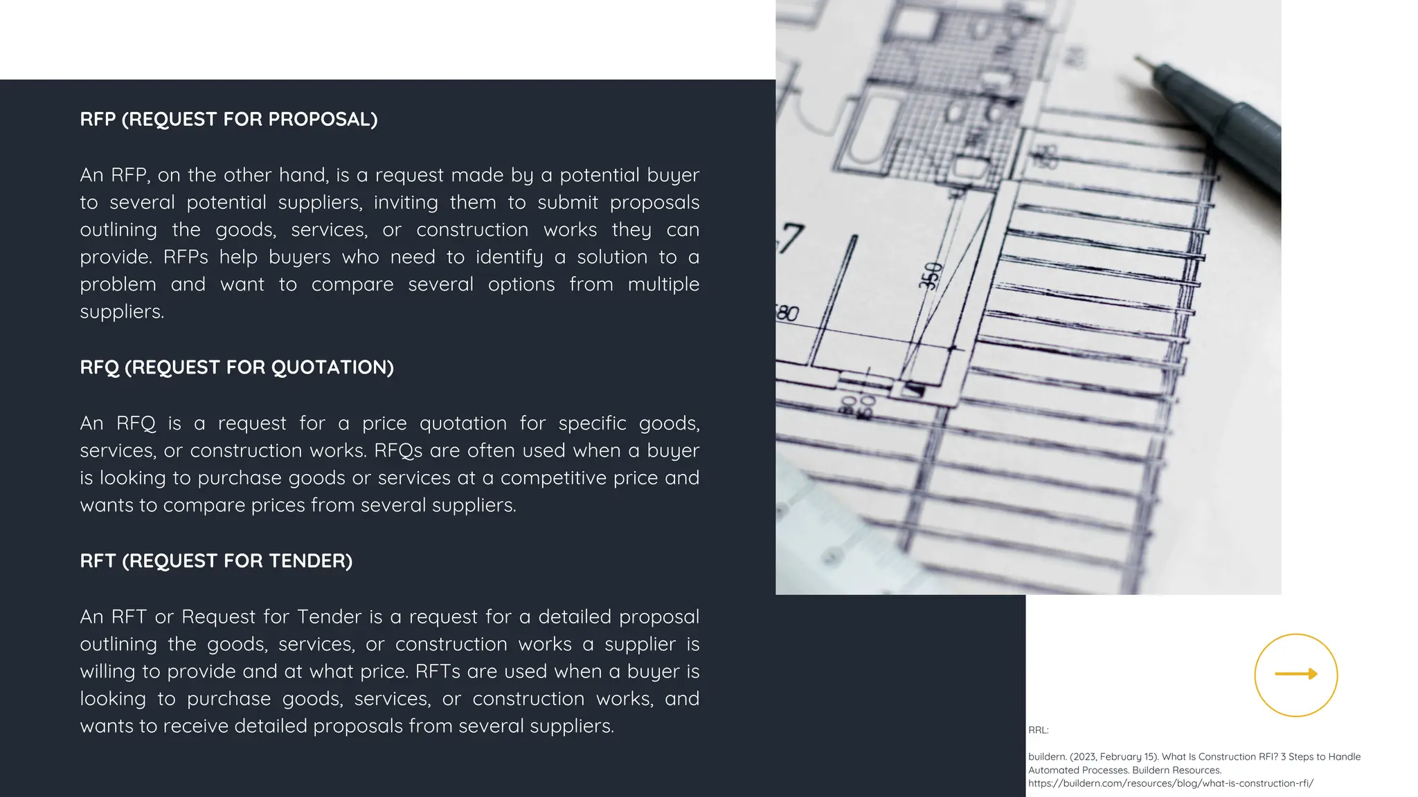 An RFP, on the other hand, is a request made by a potential buyer
to several potential suppliers, inviting them to submit proposals
outlining the goods, services, or construction works they can
provide. RFPs help buyers who need to identify a solution to a
problem and want to compare several options from multiple
suppliers.
RRL:
buildern. (2023, February 15). What Is Construction RFI? 3 Steps to Handle
Automated Processes. Buildern Resources.
https://buildern.com/resources/blog/what-is-construction-rfi/
RFP (REQUEST FOR PROPOSAL)
RFQ (REQUEST FOR QUOTATION)
An RFQ is a request for a price quotation for specific goods,
services, or construction works. RFQs are often used when a buyer
is looking to purchase goods or services at a competitive price and
wants to compare prices from several suppliers.
RFT (REQUEST FOR TENDER)
An RFT or Request for Tender is a request for a detailed proposal
outlining the goods, services, or construction works a supplier is
willing to provide and at what price. RFTs are used when a buyer is
looking to purchase goods, services, or construction works, and
wants to receive detailed proposals from several suppliers.
 