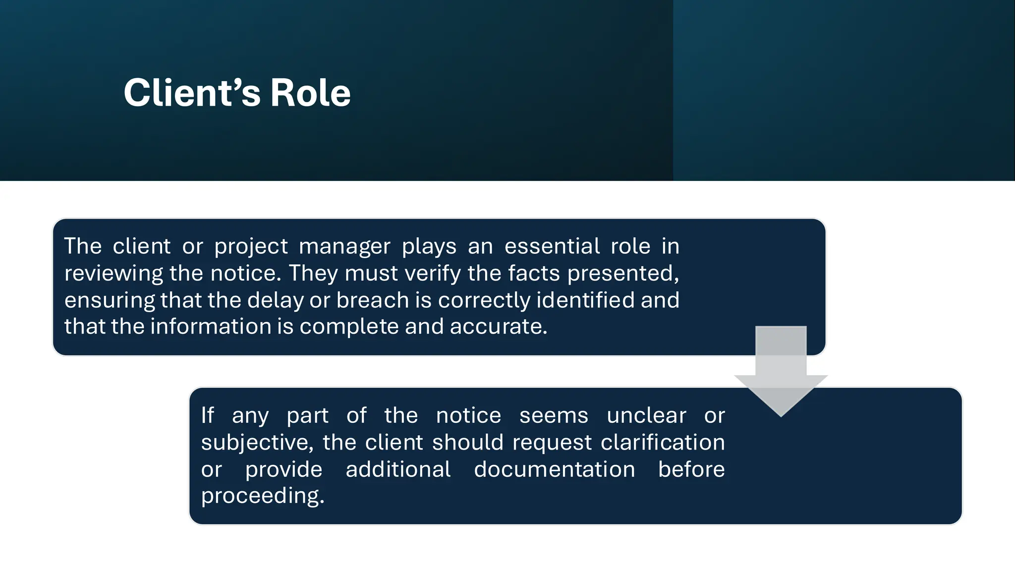 Client’s Role
The client or project manager plays an essential role in
reviewing the notice. They must verify the facts presented,
ensuring that the delay or breach is correctly identified and
that the information is complete and accurate.
If any part of the notice seems unclear or
subjective, the client should request clarification
or provide additional documentation before
proceeding.
 