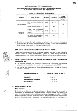 DIRECTIVASANlTARlANo 0.33 -MINSAIDIGESA-V.O1
DIRECTIVASANITARIAPARA LA DETERMINACI~NDEL~NDICEDE CALIFICACI~NSANITARIA
DELASPISCINASPUBLICAS Y PRIVADASDEUSOCOLECTIVO
Control de Ordenamiento Documentario
l NOhay libro o no está al día. 0.00 1 Mala ~
Variable
Aprobacion
Sanitaria
1 Libro de registro presente y
Cuenta con autorizacion
Sanitaria disponible y
vigente.
Rango de Valor
Buena
Libro de Registro
No cuenta con autorización
sanitaria o no está vigente.
0.02
al día
0.02
I
Buena
4
Puntaje
c. Obtenido el puntaje de cada variable, se procederá a sumarlos; el resultado
alcanzado seria el puntaje correspondiente al criterio Control de Ordenamiento
Documentario, que se aplica en el cálculo final del ICSPS.
6.1.7 Cálculo del índice de Calidad Sanitaria de Piscinas (ICSPS)
Calificación
Para la determinación del ICSPS, se suman los resultados obtenidosen cada uno de los
criterios: Control de Calidad Microbiológica, Control de Calidad de Equipamiento e
Instalaciones, Control de Calidad de Limpieza y Control de Ordenamiento Documentario.
6.2 DE LA CALIFICACI~NSANITARIA DE LAS PISCINAS PÚBLICAS Y PRIVADAS DE
E. ~:91:kB;.
USO COLECTIVO
Puntaje
Máximo por
Variable
a. Las piscinas obtienen una calificación sanitaria de: Saludables, regularmente
saludables y No Saludables, de acuerdo a los puntajes obtenidos del ICSPS.
b. Las piscinas que presenten los siguientes valores de ICSPS tendrán la siguiente
calificación sanitaria:
Calificación Sanitaria
Saludable
Regularmente Saludable
No saludable
Rango de valores de ICSPS
VII. RESPONSABILIDADES
Nivel Nacional:
El Ministerio de Salud, a través de la Dirección General de Salud Ambiental, es
responsable de la difusión de la presente Directiva Sanitaria hasta el nivel regional; así
como de efectuar la supervisión de las acciones desarrolladas por las DISAs y DIRESAs
en aplicación de lo dispuesto. Así mismo brindará la asistencia técnica en el marco de la
presente directiva sanitaria, y recepcionará los resultados obtenidos de la calificación en
115
 