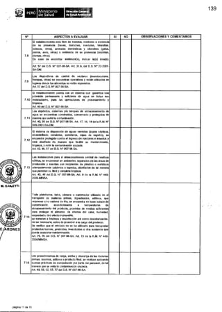 M. BAILETTI.
Ministerio
de Salud
N° ASPECTOS A EVALUAR SI NO OBSERVACIONES Y COMENTARIOS
7.8
El establecimiento está libre de insectos, roedores o evidencia
de su presencia (heces, manchas, roeduras, telarañas,
ootecas, otros), animales domésticos y silvestres (gatos,
perros, aves, otros) o evidencia de su presencia (excretas,
plumas, otros).
En caso de encontrar evidencia(s), indicar la(s) área(s).
Art 57 del D.S. N° 007-98-SA. Art. 31.b, del D.S. N° 22-2001-
SA-DM.
7 9
Los dispositivos de control de vectores (insectocutores,
trampas, otros) se encuentran operativos y están ubicados en
lugares donde los alimentos no están expuestos.
Art. 57 del D.S. N° 007-98-SA.
7.10
El establecimeinto cuenta con un sistema que garantiza una
provisión permanente y suficiente de agua en todas sus
instalaciones, para las operaciones de procesamiento y
limpieza.
Art. 40 del D.S. N° 007-98-SA.
7.11
Los depósitos, cisternas y/o tanques de almacenamiento de
agua se encuentran construidos, conservado y protegidos de
manera que evite la contaminación.
Art 40, 56 del D.S. N° 007-98-SA Art. 17, 18, 19 de la R.M. N°
449-2001-SA-DM.
7 12.
8 sistema de disposición de aguas servidas (pozos sépticos,
alcantarilado, canaletas, sumideros, cajas de registro), se
encuentra protegido contra el ingreso de roedores e insectos y
está diseñado de manera que faclite su mantenimiento,
limpieza, y evite la contaminación cruzada.
Art 42, 46, 57 del D.S. N° 007-98-SA.
7.13
Nip
Las instalaciones para el almacenamiento central de residuos
sólidos, se encuentran en ambientes separados de las áreas de
producción y cuentan con recipientes de plástico o metálicos
adecuadamente cubiertos o tapados, diseñados de tal manera
que permitan su fácil y completa limpieza.
Art. 43, 46 del D.& N° 007-98-SA. Art. 9 de la R.M. N° 449-
2006-MNSA
• 7.14)
Toda plataforma. tolva, cámara o contenedor utlizado en el
transporte de materias primas, ingredientes, aditivos, que
requieren o no cadena de frío, se encuentra en buen estado de
conservación, acondicionados a temperaturas de
almacenamiento del producto, provistos de medios suficientes
para proteger el alimento de efectos del calor, humedad,
sequedad u otro efecto indeseable.
se someten a limpieza y desinfección así como desodorización.
de ser necesario, antes de proceder a la carga del producto.
Se verifica que el vehículo no se ha utilizado para transportar
productos toxicos, pesticidas. insecticidas u otra sustancia que
pueda ocasionar contaminación.
Art. 75, 76 del D.S. N' 007-98-SA Ad_ 13 de la R.M. N° 449-
2006/MINSA.
7.15
Los procedimientos de carga, estiba y descarga de las materias
primas, insumos, aditivos o producto final. se realizan aplicando
buenas prácticas de manipulación por parte del personal, de tal
manera que se evita la contaminación cruzada.
Art. 49. 50, 52, 53, 77 del D.S. N' 007-98-SA.
página 71 de 15
139
 