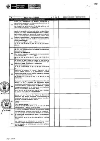 RU Ministerio
de Salud
N° ASPECTOS A EVALUAR SI NO OBSERVACIONES Y COMENTARIOS
_
---- .
.
8.1
Cuenta con procedimiento de limpieza, desinfección y
mantenimiento de depósitos e instalaciones relacionadas con el
manejo del agua (tanques, cisternas).
Art. 40 del D.S. N' 007-98-SA. Art. 17, 18, 19 de la R.M. N' 449
2001-SA-DM. Art. 4 del D.S. N° 22-2001-SA.
8 2
Cuenta con un plan de monitoreo de la calidad de agua utilizada
en planta, que incluye análisis microbiológicos, flsico qulmicos,
bacteriológicos entre otros, que permite comprobar su aptitud
para el consumo humano (Agua de consumo humano: agua
apta para consumo humano y para todo uso domestico habitual,
incluida la higiene personal). Verificar el cumplimiento de
cronograma establecido
Indicar frecuencia y fecha de último análisis
Art. 40 del D.S. N° 007-98-SA. Arts 60 y 61 del D.S.N' 031-
2010-SA.
.8 3
En caso de usar cloro o sducion dorada como desinfectante
del agua para consumo humano, se controla el nivel de cloro
libre residual. Indicar.
Frecuencia de determinación
Nivel de cloro residual en el agua de sala de proceso obtenido
durante la inspección ppm
Art. 40 del D.S. N° 007-98-SA. Art. 66 del D.S. N° 031-2010-
SA
8.4
En el caso de que el agua no proceda de una planta de
tratamiento (indicar procedencia), recite tratamiento(s) que
garantiza su calidad microbidócica y fisicoquImica.
Indicar tipo de tratamiento
Art. 40 de D.S 007-98-SA. Art. 60 y 61 del D.S. N° 031-2010-
SA.
8 5.
Cuenta con un programa de manejo y disposición final de
residuos sólidos operativo y su procedimiento establece
frecuencias de recojo, horarios, rutas de evacuación, transporte
y disposición 'final de los mismos.
Art. 43 del D.S. N° 007-98-SA. Art. 11 de la R.M. N° 449-
2006/MINSA
) 8.6
Cuenta con un programa de contrd de plagas operativo, con
registros al día y certificado de saneamiento vigente
(desinfección, desinsectación, desratización), los rodenticidas e
insecticidas utilizados son autorizados por el MINSA, y cuentan
con planos de ubicación de los sistemas de control utilizados
(trampas, insectocutores, ultrasonidos, otros) .
Art. 57 del D.S. N° 007-98-SA. Art. 31.b, del D.S. N° 22-2001-
SA-DM. Art 11 de la R.M. N° 449-2006/MINSA.
"<t.---£1.7
:7 -
41
V
Cuenta con un Programa de Higiene y Saneamiento
actualizado, que incluye frecuencias y procedimientos de:
Limpieza y desinfección de ambientes, equipos, utensilios y
medios de transporte de alimentos. Indicar:
Código
Versión
Fecha de última revisión
Art. 56, 76 del D.S. N° 007-98-SA. Art 11,13 de la R.M. N° 449
2006/MINSA. Art 2° del D.S. N° 004-2014-SA
r5:'
8.8
Cuenta con procedimiento de manejo de productos de limpieza
y desinfección que incluye un instructivo de su preparación y
uso, de modo que no contamine los alimentos. Los productos
de limpieza están autorizados por el MINSA y son apropiados al
fin perseguido.
Art. 56 del D.S. N° 007-96-SA. Art. 11 de la R.M. N° 449-2006-
MINSA.
.8 9
Los registros de la higienización de ambientes, equipos.
utensilios y medios de transporte, se encuentran al dia.
Art. 56, 76 del D.S. N° 007-93-SA. Art. 8, 11, 13 de la R.M. N°
449-2006/MINSA.
página 12 de 15
140
 