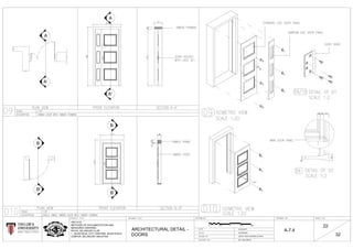 A
A'
A
A'
B
B'
B
B'
1884
RO
YAL SELANGOR
LUB
C
KUALA LUMPUR
0 10.5 1.5 2M
ARCHITECTURAL DETAIL -
DOORS
03-03-2017
AS SHOWN
DR. SUCHARITA
ARC1215
METHODS OF DOCUMENTATION AND
MEASURED DRAWING
ROYAL SELANGOR CLUB
1, JALAN RAJA, CITY CENT5RE, 52100 KUALA
LUMPUR, SELANGOR, MALAYSIA JACKY TING & MICHELLE SIAW
A-7.4
22
32
 