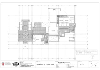 4
5
6
7
8
9
10
11
12
13
2
3
4
5
6
9
10
11
12
1
7
8
T1
T2
T3
GRANITE TILES
TIMBER STRIP
HOMOGENEOUS TILES
DIMENSIONTILES NO. TILES TYPE
300 x 300
300 x 300
155 x 1750
SPACE
RESTAURANT, CORRIDOR, W.C., SQUASH CORRIDOR
DINING HALL, FOYER
MULTI-PURPOSE HALL, HASH BAR
SCHEDULE OF FLOOR TILES 6-3-2017
1:150
DR. SUCHARITA
ARC1215
METHODS OF DOCUMENTATION AND
MEASURED DRAWING
ROYAL SELANGOR CLUB
1, JALAN RAJA, CITY CENTRE, 52100 KUALA
LUMPUR, SELANGOR, MALAYSIA TAN MIN CHUEN, ZOE LOW
A-2.3
6
341884
RO
Y
AL SELANGOR
LUB
C
KUALA LUMPUR
0 157.564.531.5
 