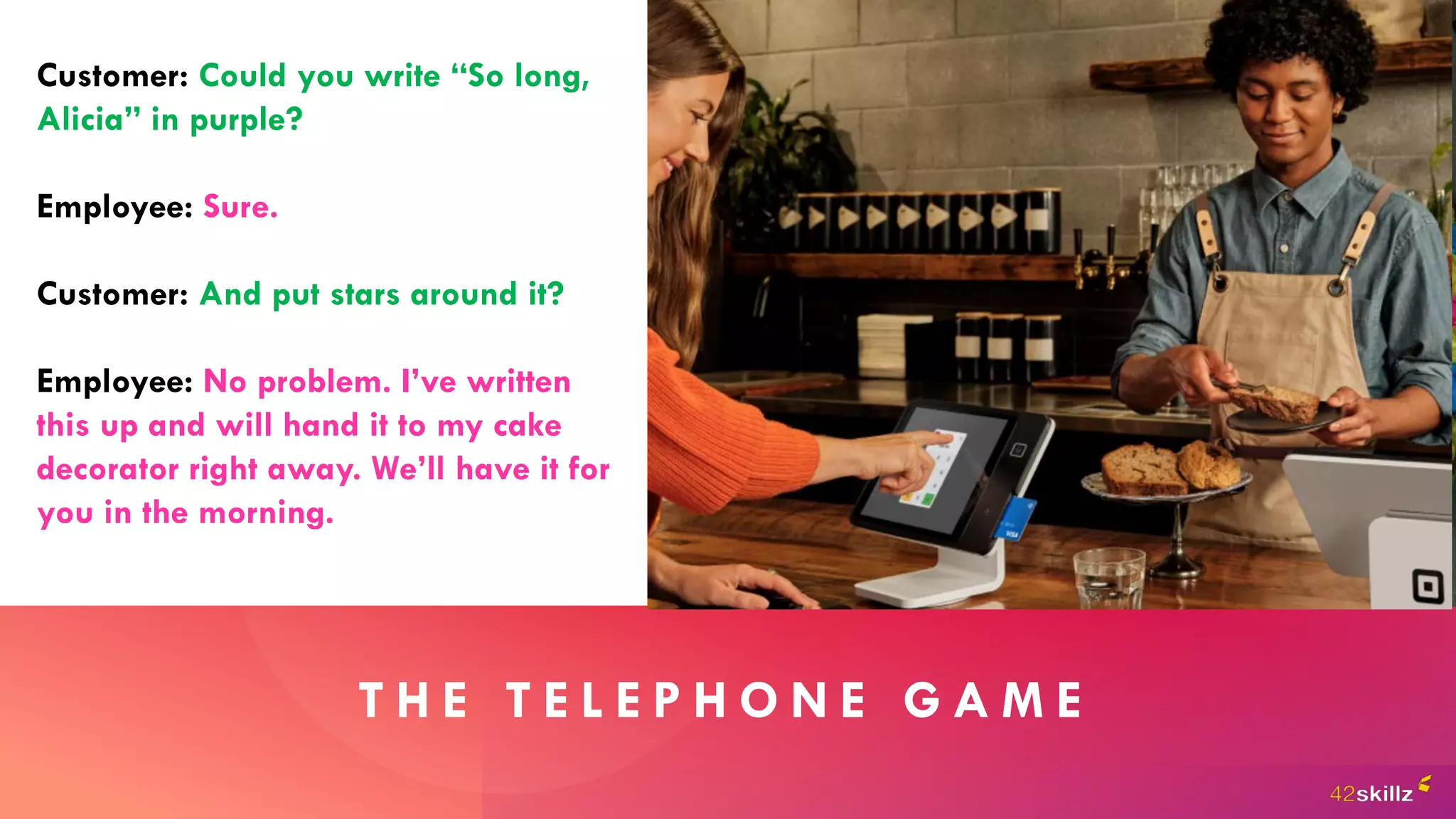T H E T E L E P H O N E G A M E
Customer: Could you write “So long,
Alicia” in purple?
Employee: Sure.
Customer: And put stars around it?
Employee: No problem. I’ve written
this up and will hand it to my cake
decorator right away. We’ll have it for
you in the morning.
 