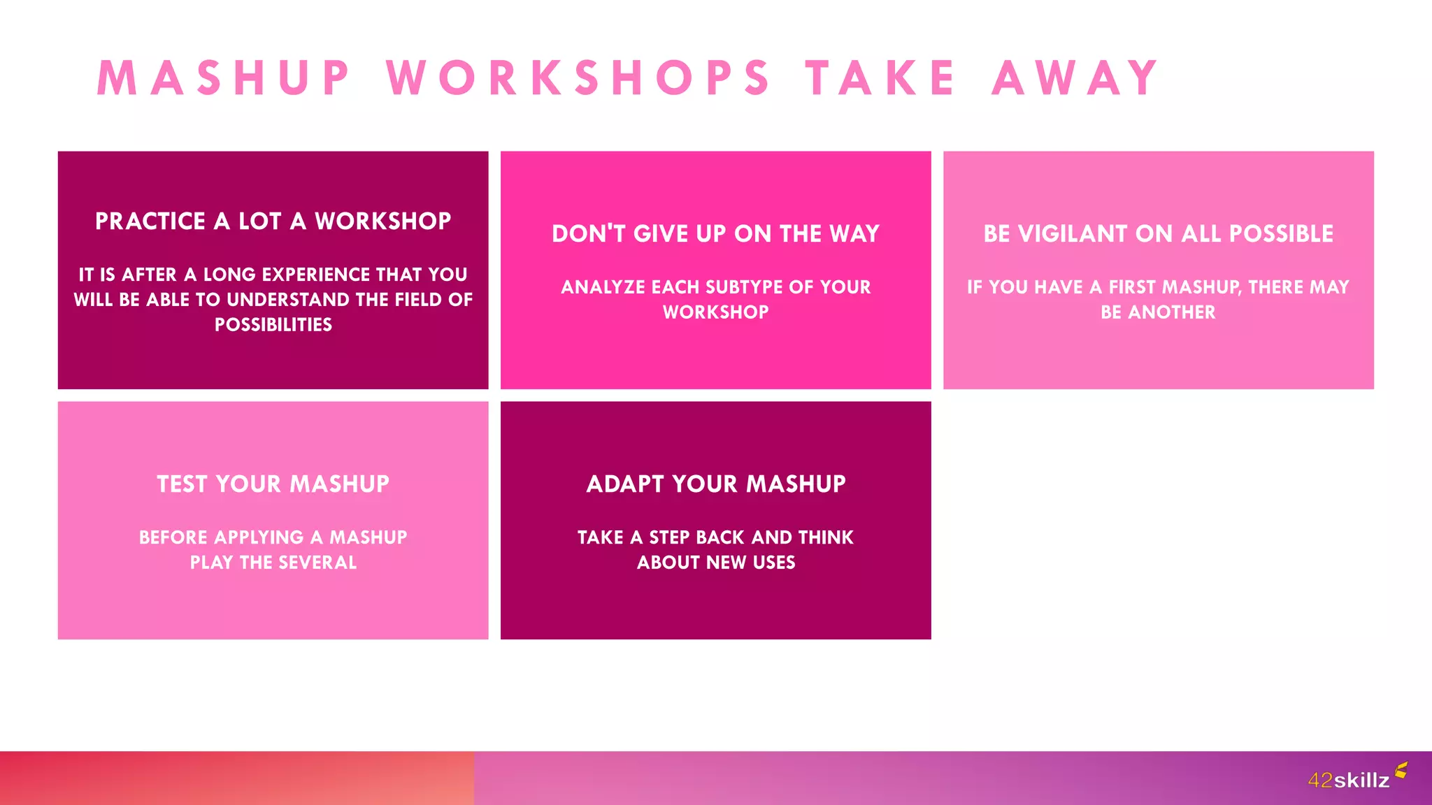 M A S H U P W O R K S H O P S TA K E AW AY
PRACTICE A LOT A WORKSHOP
IT IS AFTER A LONG EXPERIENCE THAT YOU
WILL BE ABLE TO UNDERSTAND THE FIELD OF
POSSIBILITIES
DON'T GIVE UP ON THE WAY
ANALYZE EACH SUBTYPE OF YOUR
WORKSHOP
BE VIGILANT ON ALL POSSIBLE
IF YOU HAVE A FIRST MASHUP, THERE MAY
BE ANOTHER
ADAPT YOUR MASHUP
TAKE A STEP BACK AND THINK
ABOUT NEW USES
TEST YOUR MASHUP
BEFORE APPLYING A MASHUP
PLAY THE SEVERAL
 