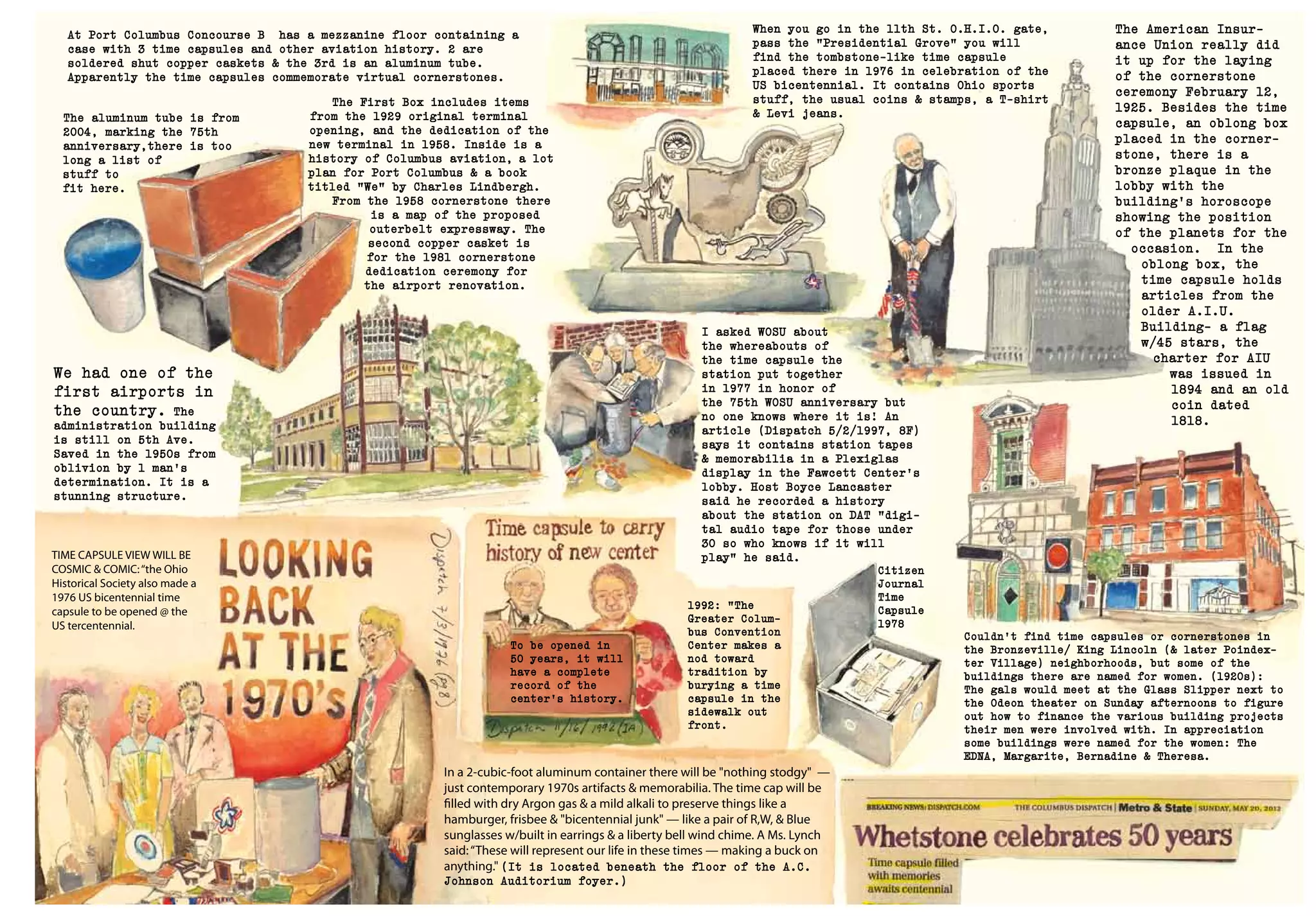 In a 2-cubic-foot aluminum container there will be "nothing stodgy" —
just contemporary 1970s artifacts & memorabilia. The time cap will be
filled with dry Argon gas & a mild alkali to preserve things like a
hamburger, frisbee & "bicentennial junk" — like a pair of R,W, & Blue
sunglasses w/built in earrings & a liberty bell wind chime. A Ms. Lynch
said:“These will represent our life in these times — making a buck on
anything." (It is located beneath the floor of the A.C.
Johnson Auditorium foyer.)
When you go in the 11th St. O.H.I.O. gate,
pass the "Presidential Grove" you will
find the tombstone-like time capsule
placed there in 1976 in celebration of the
US bicentennial. It contains Ohio sports
stuff, the usual coins & stamps, a T-shirt
& Levi jeans.
TIME CAPSULE VIEW WILL BE
COSMIC & COMIC:“the Ohio
Historical Society also made a
1976 US bicentennial time
capsule to be opened @ the
US tercentennial.
Couldn't find time capsules or cornerstones in
the Bronzeville/ King Lincoln (& later Poindex-
ter Village) neighborhoods, but some of the
buildings there are named for women. (1920s):
The gals would meet at the Glass Slipper next to
the Odeon theater on Sunday afternoons to figure
out how to finance the various building projects
their men were involved with. In appreciation
some buildings were named for the women: The
EDNA, Margarite, Bernadine & Theresa.
At Port Columbus Concourse B has a mezzanine floor containing a
case with 3 time capsules and other aviation history. 2 are
soldered shut copper caskets & the 3rd is an aluminum tube.
Apparently the time capsules commemorate virtual cornerstones.
We had one of the
first airports in
the country. The
administration building
is still on 5th Ave.
Saved in the 1950s from
oblivion by 1 man's
determination. It is a
stunning structure.
The aluminum tube is from
2004, marking the 75th
anniversary,there is too
long a list of
stuff to
fit here.
The First Box includes items
from the 1929 original terminal
opening, and the dedication of the
new terminal in 1958. Inside is a
history of Columbus aviation, a lot
plan for Port Columbus & a book
titled "We" by Charles Lindbergh.
From the 1958 cornerstone there
is a map of the proposed
outerbelt expressway. The
second copper casket is
for the 1981 cornerstone
dedication ceremony for
the airport renovation.
To be opened in
50 years, it will
have a complete
record of the
center’s history.
1992: “The
Greater Colum-
bus Convention
Center makes a
nod toward
tradition by
burying a time
capsule in the
sidewalk out
front.
I asked WOSU about
the whereabouts of
the time capsule the
station put together
in 1977 in honor of
the 75th WOSU anniversary but
no one knows where it is! An
article (Dispatch 5/2/1997, 8F)
says it contains station tapes
& memorabilia in a Plexiglas
display in the Fawcett Center's
lobby. Host Boyce Lancaster
said he recorded a history
about the station on DAT ”digi-
tal audio tape for those under
30 so who knows if it will
play" he said.
Citizen
Journal
Time
Capsule
1978
The American Insur-
ance Union really did
it up for the laying
of the cornerstone
ceremony February 12,
1925. Besides the time
capsule, an oblong box
placed in the corner-
stone, there is a
bronze plaque in the
lobby with the
building’s horoscope
showing the position
of the planets for the
occasion. In the
oblong box, the
time capsule holds
articles from the
older A.I.U.
Building- a flag
w/45 stars, the
charter for AIU
was issued in
1894 and an old
coin dated
1818.
 