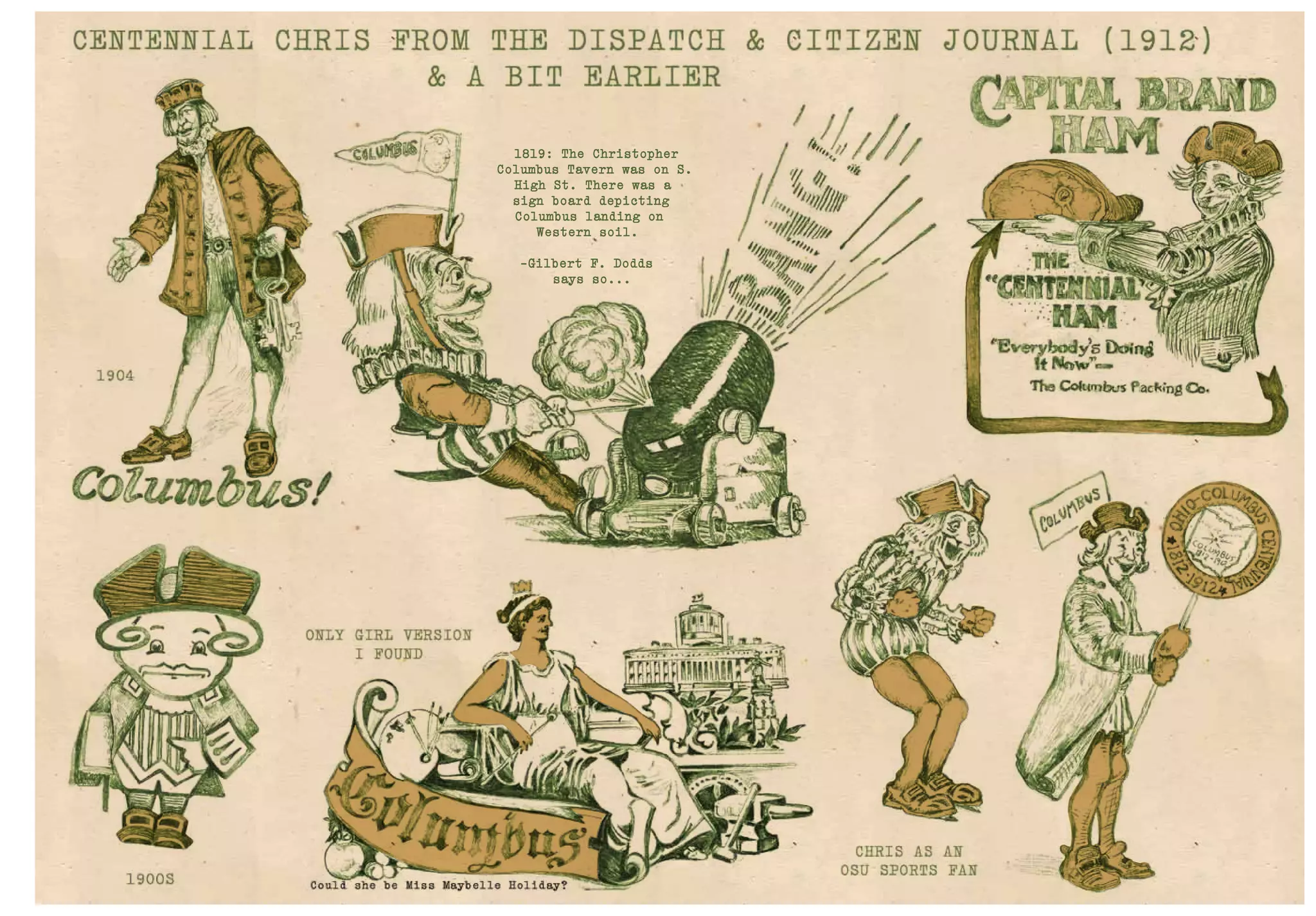1819: The Christopher
Columbus Tavern was on S.
High St. There was a
sign board depicting
Columbus landing on
Western soil.
-Gilbert F. Dodds
says so...
 