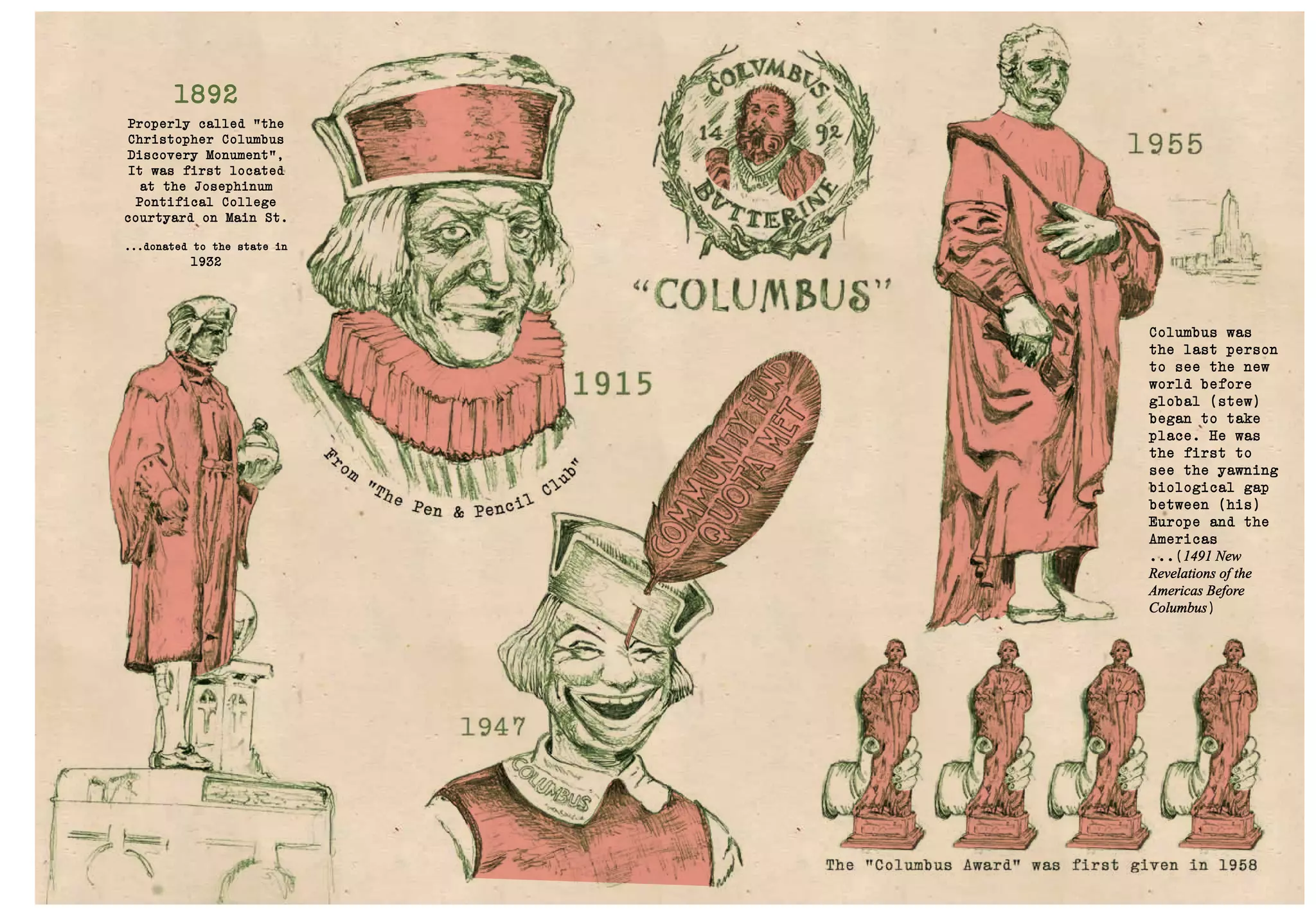 Columbus was
the last person
to see the new
world before
global (stew)
began to take
place. He was
the first to
see the yawning
biological gap
between (his)
Europe and the
Americas
...(1491 New
Revelations of the
Americas Before
Columbus)
1892
Properly called “the
Christopher Columbus
Discovery Monument”,
It was first located
at the Josephinum
Pontifical College
courtyard on Main St.
...donated to the state in
1932
 