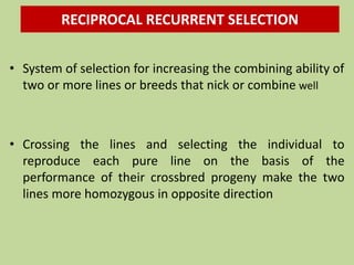RECIPROCAL RECURRENT SELECTION
• System of selection for increasing the combining ability of
two or more lines or breeds that nick or combine well
• Crossing the lines and selecting the individual to
reproduce each pure line on the basis of the
performance of their crossbred progeny make the two
lines more homozygous in opposite direction
 