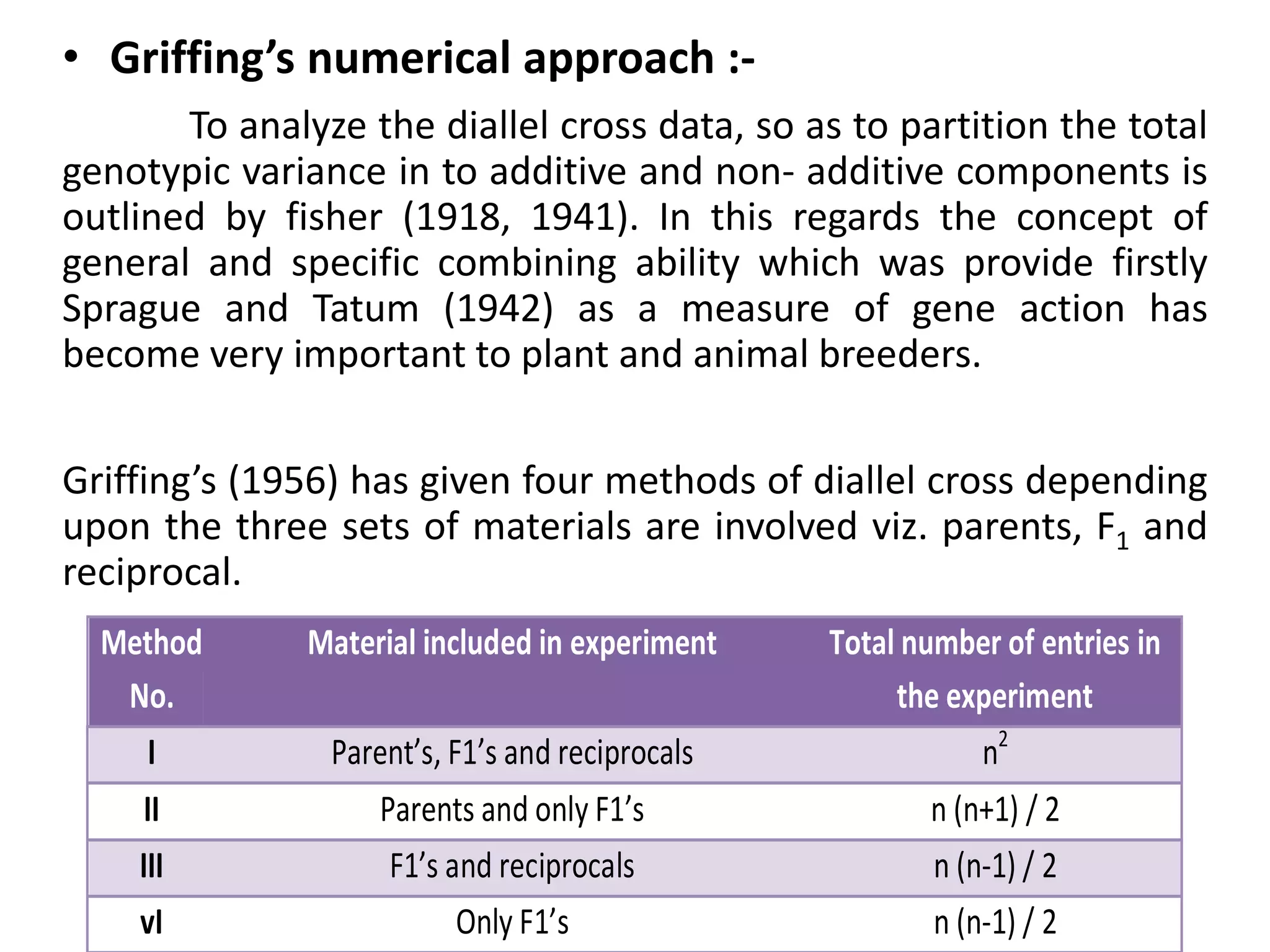 • Griffing’s numerical approach :-
To analyze the diallel cross data, so as to partition the total
genotypic variance in to additive and non- additive components is
outlined by fisher (1918, 1941). In this regards the concept of
general and specific combining ability which was provide firstly
Sprague and Tatum (1942) as a measure of gene action has
become very important to plant and animal breeders.
Griffing’s (1956) has given four methods of diallel cross depending
upon the three sets of materials are involved viz. parents, F1 and
reciprocal.
Method
No.
Material included in experiment Total number of entries in
the experiment
I Parent’s, F1’s and reciprocals n2
II Parents and only F1’s n (n+1) / 2
III F1’s and reciprocals n (n-1) / 2
vI Only F1’s n (n-1) / 2
 