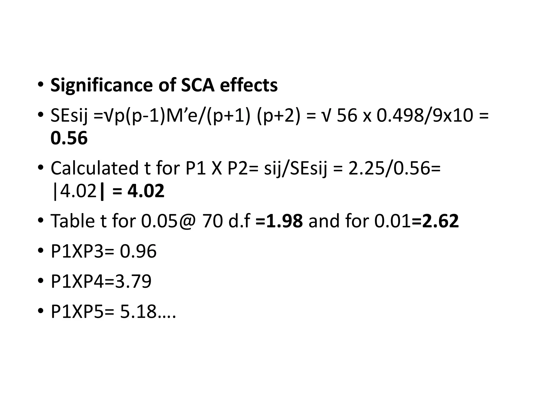 • Significance of SCA effects
• SEsij =√p(p-1)M’e/(p+1) (p+2) = √ 56 x 0.498/9x10 =
0.56
• Calculated t for P1 X P2= sij/SEsij = 2.25/0.56=
|4.02| = 4.02
• Table t for 0.05@ 70 d.f =1.98 and for 0.01=2.62
• P1XP3= 0.96
• P1XP4=3.79
• P1XP5= 5.18….
 