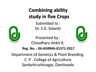 Presented by :
Chaudhary Ankit R.
Submitted to :
Dr. S.D. Solanki
Department of Genetics & Plant Breeding
C .P . College of Agriculture
Sardarkrushinagar, Dantiwada
Reg. No. : 04-AGRMA-01571-2017
Combining ability
study in five Crops
 
