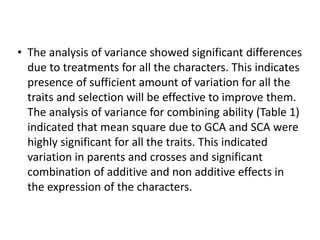 • The analysis of variance showed significant differences
due to treatments for all the characters. This indicates
presence of sufficient amount of variation for all the
traits and selection will be effective to improve them.
The analysis of variance for combining ability (Table 1)
indicated that mean square due to GCA and SCA were
highly significant for all the traits. This indicated
variation in parents and crosses and significant
combination of additive and non additive effects in
the expression of the characters.
 
