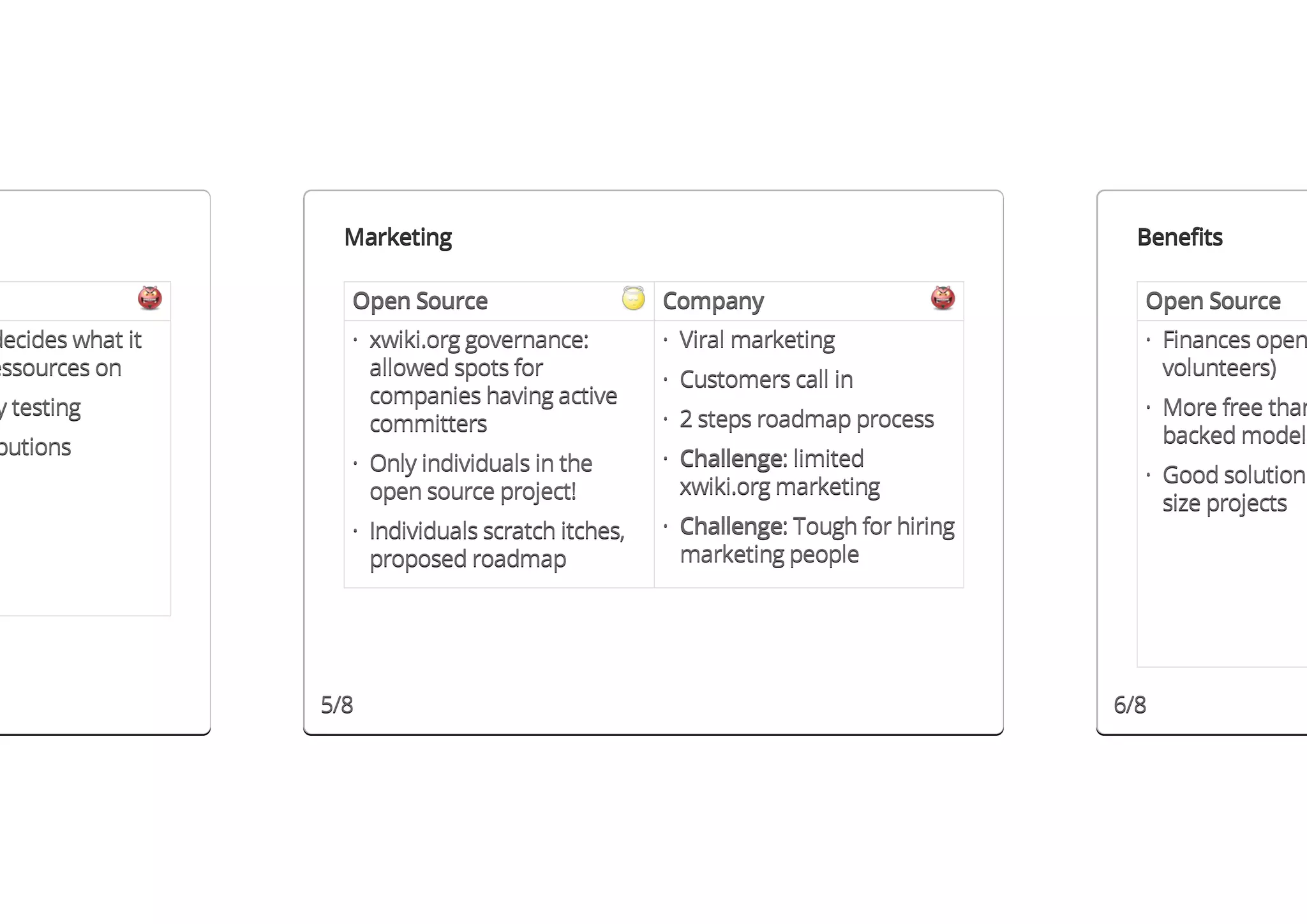 Marketing                                                         Benefits

                    Open Source                     Company                           Open Source
decides what it     · xwiki.org governance:         · Viral marketing                 · Finances open
essources on          allowed spots for                                                 volunteers)
                                                    · Customers call in
                      companies having active
y testing                                                                             · More free than
                      committers                    · 2 steps roadmap process
                                                                                        backed model
butions
                    · Only individuals in the       · Challenge: limited
                                                                                      · Good solution
                      open source project!            xwiki.org marketing
                                                                                        size projects
                    · Individuals scratch itches,   · Challenge: Tough for hiring
                      proposed roadmap                marketing people




                  5/8                                                               6/8
 