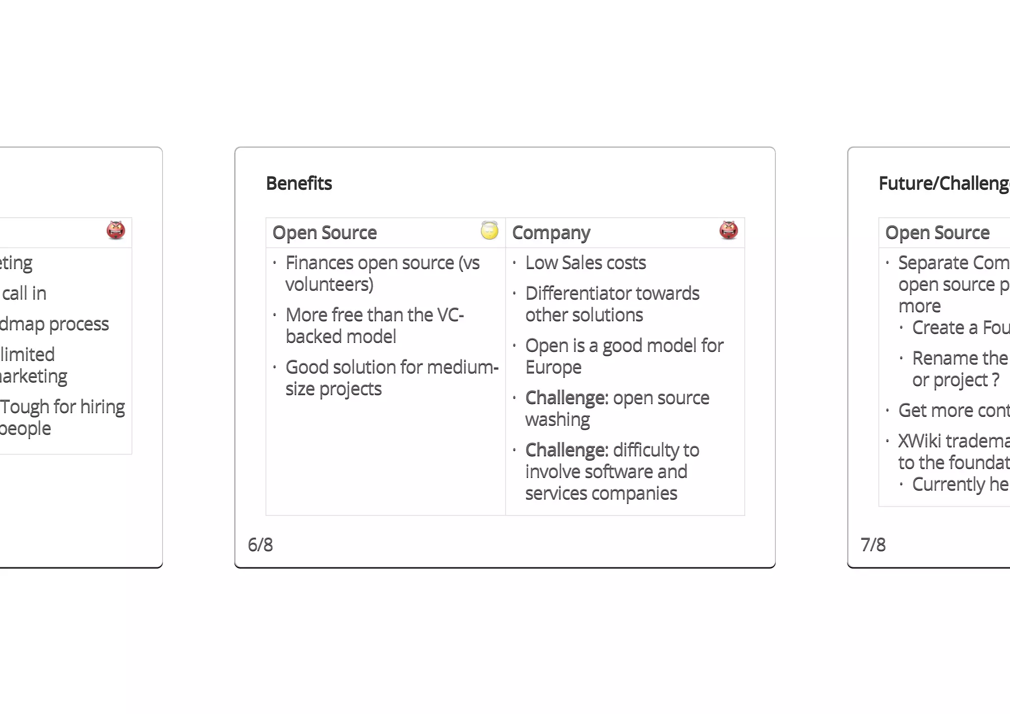 Benefits                                                    Future/Challenge

                      Open Source                  Company                        Open Source
eting                 · Finances open source (vs   · Low Sales costs              · Separate Com
                        volunteers)                                                 open source pr
 call in                                           · Differentiator towards
                                                                                    more
                      · More free than the VC-       other solutions
 dmap process                                                                       · Create a Fou
                        backed model
                                                 · Open is a good model for
 limited                                                                              · Rename the
                      · Good solution for medium- Europe
marketing                                                                               or project ?
                        size projects            · Challenge: open source
 Tough for hiring                                                                 · Get more cont
                                                    washing
 people
                                                   · Challenge: difficulty to     · XWiki tradema
                                                                                    to the foundat
                                                     involve software and
                                                     services companies             · Currently hel


                    6/8                                                         7/8
 