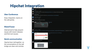 Uber Conference
Easy integration, teams on the
call quickly
HipChat integration
WatchTower
Internal tool to help pinpoint
issues with recent releases and
ﬁnd root causes
Quick communication
HipChat ties it all together,  
so the conversations on the call
bridge are clear and concise
 