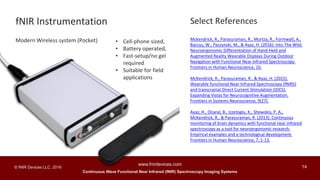 Continuous Wave Functional Near Infrared (fNIR) Spectroscopy Imaging Systems
www.fnirdevices.com
14© fNIR Devices LLC. 2016
• Cell-phone sized,
• Battery operated,
• Fast-setup/no gel
required
• Suitable for field
applications
Modern Wireless system (Pocket)
fNIR Instrumentation Select References
Mckendrick, R., Parasuraman, R., Murtza, R., Formwalt, A.,
Baccus, W., Paczynski, M., & Ayaz, H. (2016). Into The Wild:
Neuroergonomic Differentiation of Hand-Held and
Augmented Reality Wearable Displays During Outdoor
Navigation with Functional Near Infrared Spectroscopy.
Frontiers in Human Neuroscience, 10.
McKendrick, R., Parasuraman, R., & Ayaz, H. (2015).
Wearable functional Near Infrared Spectroscopy (fNIRS)
and transcranial Direct Current Stimulation (tDCS):
Expanding Vistas for Neurocognitive Augmentation.
Frontiers in Systems Neuroscience, 9(27).
Ayaz, H., Onaral, B., Izzetoglu, K., Shewokis, P. A.,
McKendrick, R., & Parasuraman, R. (2013). Continuous
monitoring of brain dynamics with functional near infrared
spectroscopy as a tool for neuroergonomic research:
Empirical examples and a technological development.
Frontiers in Human Neuroscience, 7, 1-13.
 