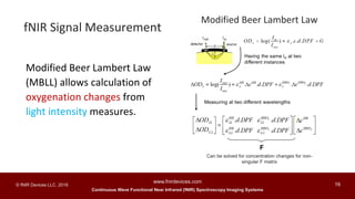 Continuous Wave Functional Near Infrared (fNIR) Spectroscopy Imaging Systems
www.fnirdevices.com
16© fNIR Devices LLC. 2016
fNIR Signal Measurement
Modified Beer Lambert Law
(MBLL) allows calculation of
oxygenation changes from
light intensity measures.
Modified Beer Lambert Law
Can be solved for concentration changes for non-
singular F matrix
 
