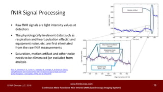 Continuous Wave Functional Near Infrared (fNIR) Spectroscopy Imaging Systems
www.fnirdevices.com
18© fNIR Devices LLC. 2016
• Raw fNIR signals are light intensity values at
detectors
• The physiologically irrelevant data (such as
respiration and heart pulsation effects) and
equipment noise, etc. are first eliminated
from the raw fNIR measurements
• Saturation, motion artifact and other noise
needs to be eliminated (or excluded from
analysis
Ayaz, H., Shewokis, P. A., Curtin, A., Izzetoglu, M., Izzetoglu, K., & Onaral, B. (2011).
Using MazeSuite and Functional Near Infrared Spectroscopy to Study Learning in
Spatial Navigation. J Vis Exp(56), e3443. doi: 10.3791/3443
fNIR Signal Processing
 