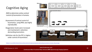 Continuous Wave Functional Near Infrared (fNIR) Spectroscopy Imaging Systems
www.fnirdevices.com
30© fNIR Devices LLC. 2016
Holtzer, R, et al (2015) Online fronto-cortical control of simple and attention-demanding locomotion in humans. Neuroimage
Assessment of cortical control of
locomotion, using fNIR, was highly
reproducible.
Oxygenation levels were increased
and maintained in attention-
demanding locomotion.
Definitive role for the PFC in higher-
order control of locomotion.
fNIR to determine online cortical
control of locomotion in humans.
Cognitive Aging
 