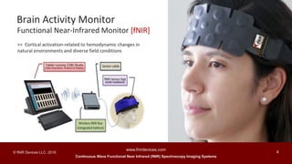 Continuous Wave Functional Near Infrared (fNIR) Spectroscopy Imaging Systems
www.fnirdevices.com
4© fNIR Devices LLC. 2016
Functional Near-Infrared Monitor [fNIR]
>> Cortical activation-related to hemodynamic changes in
natural environments and diverse field conditions
Brain Activity Monitor
 