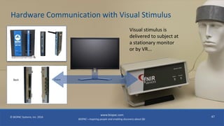BIOPAC—Inspiring people and enabling discovery about life
© BIOPAC Systems, Inc. 2016
www.biopac.com
47
Hardware Communication with Visual Stimulus
Visual stimulus is
delivered to subject at
a stationary monitor
or by VR...
Front
FrontBack
 