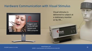 BIOPAC—Inspiring people and enabling discovery about life
© BIOPAC Systems, Inc. 2016
www.biopac.com
48
Hardware Communication with Visual Stimulus
Visual stimulus is
delivered to subject at
a stationary monitor
or by VR...
Triggers sent
to the MP160
System and
fNIR computer
 