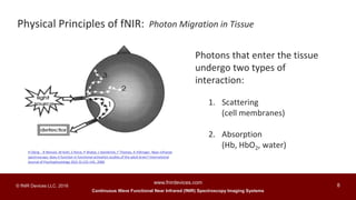 Continuous Wave Functional Near Infrared (fNIR) Spectroscopy Imaging Systems
www.fnirdevices.com
8© fNIR Devices LLC. 2016
Physical Principles of fNIR: Photon Migration in Tissue
H Obrig , R Wenzel, M Kohl, S Horst, P Wobst, J Steinbrink, F Thomas, A Villringer. Near-infrared
spectroscopy: does it function in functional activation studies of the adult brain? International
Journal of Psychophysiology 35(2-3):125-142, 2000
Photons that enter the tissue
undergo two types of
interaction:
1. Scattering
(cell membranes)
2. Absorption
(Hb, HbO2, water)
 