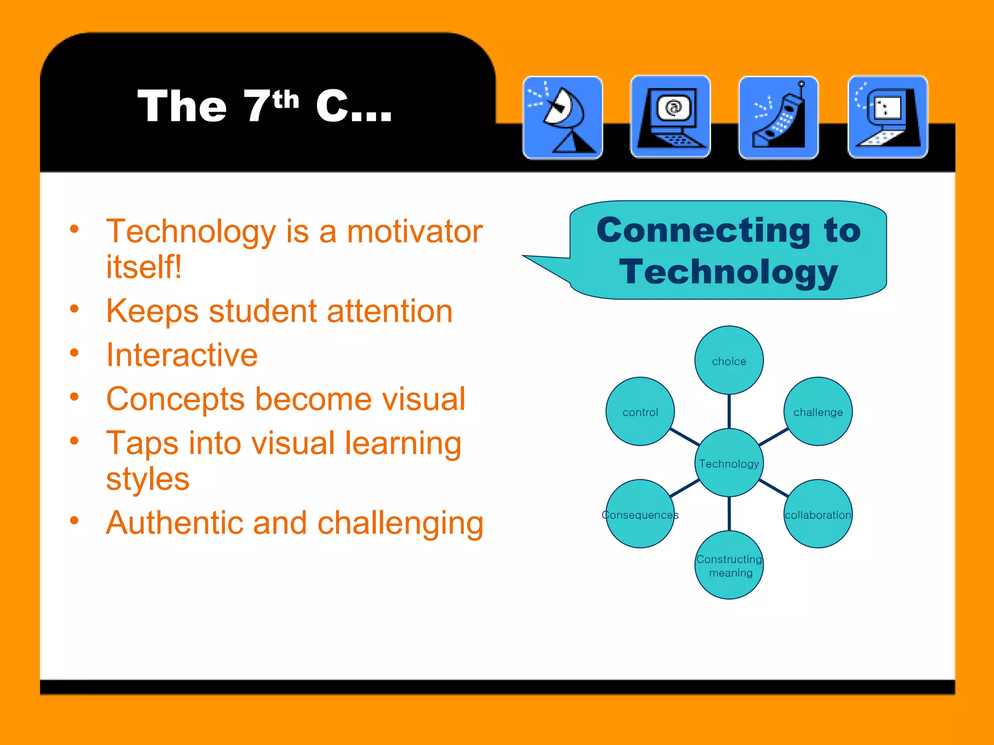 The 7 th  C… Technology is a motivator itself! Keeps student attention Interactive Concepts become visual Taps into visual learning styles Authentic and challenging 