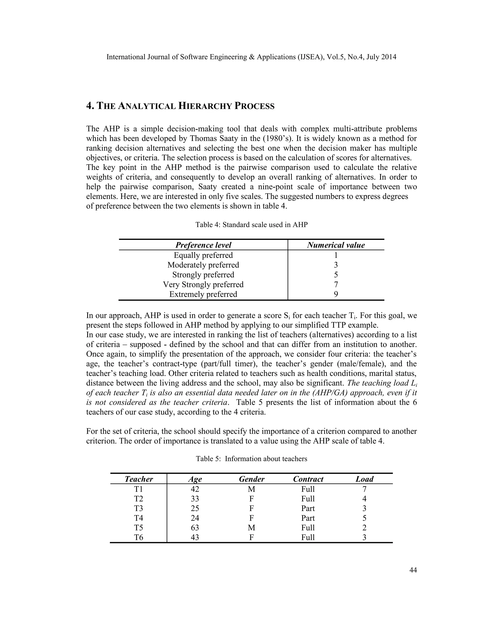 International Journal of Software Engineering & Applications (IJSEA), Vol.5, No.4, July 2014
44
4. THE ANALYTICAL HIERARCHY PROCESS
The AHP is a simple decision-making tool that deals with complex multi-attribute problems
which has been developed by Thomas Saaty in the (1980’s). It is widely known as a method for
ranking decision alternatives and selecting the best one when the decision maker has multiple
objectives, or criteria. The selection process is based on the calculation of scores for alternatives.
The key point in the AHP method is the pairwise comparison used to calculate the relative
weights of criteria, and consequently to develop an overall ranking of alternatives. In order to
help the pairwise comparison, Saaty created a nine-point scale of importance between two
elements. Here, we are interested in only five scales. The suggested numbers to express degrees
of preference between the two elements is shown in table 4.
Table 4: Standard scale used in AHP
Preference level Numerical value
Equally preferred 1
Moderately preferred 3
Strongly preferred 5
Very Strongly preferred 7
Extremely preferred 9
In our approach, AHP is used in order to generate a score Si for each teacher Ti. For this goal, we
present the steps followed in AHP method by applying to our simplified TTP example.
In our case study, we are interested in ranking the list of teachers (alternatives) according to a list
of criteria – supposed - defined by the school and that can differ from an institution to another.
Once again, to simplify the presentation of the approach, we consider four criteria: the teacher’s
age, the teacher’s contract-type (part/full timer), the teacher’s gender (male/female), and the
teacher’s teaching load. Other criteria related to teachers such as health conditions, marital status,
distance between the living address and the school, may also be significant. The teaching load Li
of each teacher Ti is also an essential data needed later on in the (AHP/GA) approach, even if it
is not considered as the teacher criteria. Table 5 presents the list of information about the 6
teachers of our case study, according to the 4 criteria.
For the set of criteria, the school should specify the importance of a criterion compared to another
criterion. The order of importance is translated to a value using the AHP scale of table 4.
Table 5: Information about teachers
Teacher Age Gender Contract Load
T1 42 M Full 7
T2 33 F Full 4
T3 25 F Part 3
T4 24 F Part 5
T5 63 M Full 2
T6 43 F Full 3
 