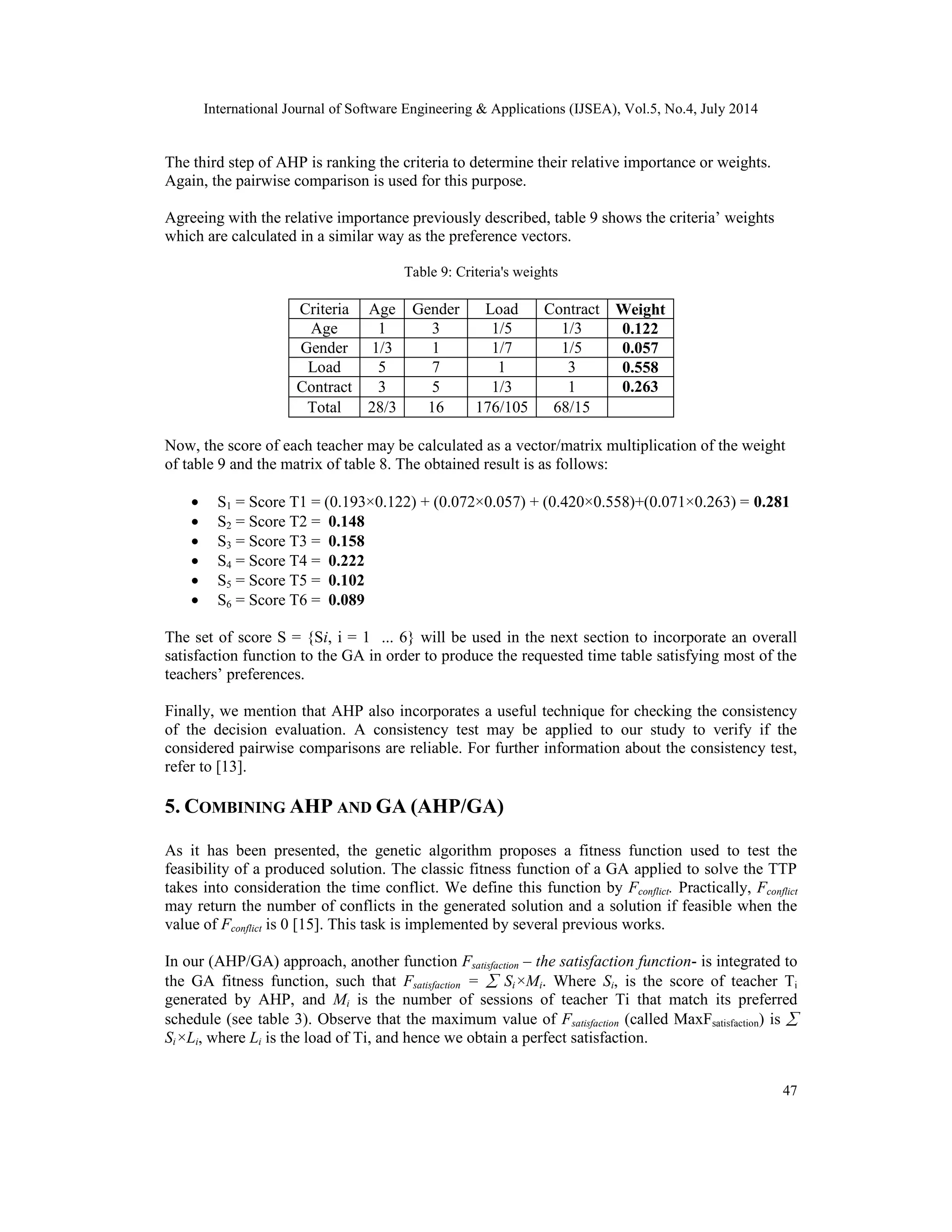 International Journal of Software Engineering & Applications (IJSEA), Vol.5, No.4, July 2014
47
The third step of AHP is ranking the criteria to determine their relative importance or weights.
Again, the pairwise comparison is used for this purpose.
Agreeing with the relative importance previously described, table 9 shows the criteria’ weights
which are calculated in a similar way as the preference vectors.
Table 9: Criteria's weights
Criteria Age Gender Load Contract Weight
Age 1 3 1/5 1/3 0.122
Gender 1/3 1 1/7 1/5 0.057
Load 5 7 1 3 0.558
Contract 3 5 1/3 1 0.263
Total 28/3 16 176/105 68/15
Now, the score of each teacher may be calculated as a vector/matrix multiplication of the weight
of table 9 and the matrix of table 8. The obtained result is as follows:
• S1 = Score T1 = (0.193×0.122) + (0.072×0.057) + (0.420×0.558)+(0.071×0.263) = 0.281
• S2 = Score T2 = 0.148
• S3 = Score T3 = 0.158
• S4 = Score T4 = 0.222
• S5 = Score T5 = 0.102
• S6 = Score T6 = 0.089
The set of score S = {Si, i = 1 ... 6} will be used in the next section to incorporate an overall
satisfaction function to the GA in order to produce the requested time table satisfying most of the
teachers’ preferences.
Finally, we mention that AHP also incorporates a useful technique for checking the consistency
of the decision evaluation. A consistency test may be applied to our study to verify if the
considered pairwise comparisons are reliable. For further information about the consistency test,
refer to [13].
5. COMBINING AHP AND GA (AHP/GA)
As it has been presented, the genetic algorithm proposes a fitness function used to test the
feasibility of a produced solution. The classic fitness function of a GA applied to solve the TTP
takes into consideration the time conflict. We define this function by Fconflict. Practically, Fconflict
may return the number of conflicts in the generated solution and a solution if feasible when the
value of Fconflict is 0 [15]. This task is implemented by several previous works.
In our (AHP/GA) approach, another function Fsatisfaction – the satisfaction function- is integrated to
the GA fitness function, such that Fsatisfaction =  Si×Mi. Where Si, is the score of teacher Ti
generated by AHP, and Mi is the number of sessions of teacher Ti that match its preferred
schedule (see table 3). Observe that the maximum value of Fsatisfaction (called MaxFsatisfaction) is 
Si×Li, where Li is the load of Ti, and hence we obtain a perfect satisfaction.
 