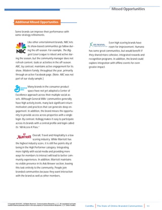 ComBlu The State of Online Branded Communities 11
© Copyright 2010-2012. All Rights Reserved. Communications Blueprints, L.L.C. All copyrighted and trade-
marked material presented herein is the sole property of Communications Blueprints, L.L.C. (d/b/a ComBlu)
Like other entertainment brands, NBC lets
its show-based communities go fallow dur-
ing the off-season. For example, The Big-
gest Loser League is robust and active dur-
ing the season, but the community manager does not
refresh content, tools or activities in the off-season.
ABC, by contrast, maintains active engagement for its
show, Modern Family, throughout the year, primarily
through an active Facebook page. (Note: ABC was not
part of our study sample.)
Many brands in the consumer product
space have not yet adopted a Center of
Excellence approach across their multiple social as-
sets. Although General Mills’ communities generally
have high activity levels, many lack significant return
motivators and practices that can generate deep en-
gagement. In addition, the brand misses the opportu-
nity to provide access across properties with a single
login. By contrast, Kellogg makes it easy to participate
across its brands with a central profile and login called
its “All Access K Pass.”
Overall, Travel and Hospitality is a low
scoring industry. While Marriott has
the highest industry score, it is still five points shy of
being in the High Performer category. Integrating
more tightly with social media and providing more
ways for members to interact will lead to better com-
munity experiences. In addition, Marriott maintains
no visible presence in its Ask/Answer section, leaving
this task entirely to the community. People join
branded communities because they want interaction
with the brand as well as other members.
Even high scoring brands have
room for improvement. Humana
has some great communities, but would benefit if
they shared more cohesive, integrated rewards and
recognition programs. In addition, the brand could
explore integration with offline events for even
greater impact.
Missed Opportunities
Some brands can improve their performance with
some strategy refinements.
Additional Missed Opportunities
 