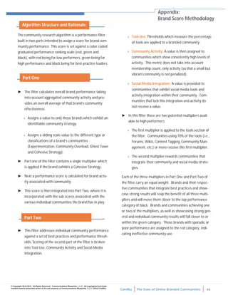 ComBlu The State of Online Branded Communities 44
© Copyright 2010-2012. All Rights Reserved. Communications Blueprints, L.L.C. All copyrighted and trade-
marked material presented herein is the sole property of Communications Blueprints, L.L.C. (d/b/a ComBlu)
The community research algorithm is a performance filter
built in two parts intended to assign a score for brand com-
munity performance. This score is set against a color coded
graduated performance ranking scale (red, green and
black), with red being for low performers, green being for
high performance and black being for best-practice leaders.
► The filter calculates overall brand performance taking
into account aggregated community activity and pro-
vides an overall average of that brand’s community
effectiveness.
 Assigns a value to only those brands which exhibit an
identifiable community strategy.
 Assigns a sliding scale value to the different type or
classifications of a brand’s communities
(Experimentation, Community Overload, Ghost Town
and Cohesive Strategy).
► Part one of the filter contains a single multiplier which
is applied if the brand exhibits a Cohesive Strategy.
► Next a performance score is calculated for brand activ-
ity associated with community.
► This score is then integrated into Part Two, where it is
incorporated with the sub scores associated with the
various individual communities the brand has in play.
► This filter addresses individual community performance
against a set of best practices and performance thresh-
olds. Scoring of the second part of the filter is broken
into Tool Use, Community Activity and Social Media
Integration.
 Tool Use: Thresholds which measure the percentage
of tools are applied to a branded community.
 Community Activity: A value is then assigned to
communities which show consistently high levels of
activity. This metric does not take into account
membership count, only activity (so that a small but
vibrant community is not penalized).
 Social Media Integration: A value is provided to
communities that exhibit social media tools and
activity integration within their community. Com-
munities that lack this integration and activity do
not receive a value.
► In this filter there are two potential multipliers avail-
able to high performers.
 The first multiplier is applied to the tools section of
the filter. Communities using 70% of the tools (i.e.,
Forums, Wikis, Content Tagging, Community Man-
agement, etc.) or more receive this first multiplier.
 The second multiplier rewards communities that
integrate their community and social media strate-
gies.
Each of the three multipliers in Part One and Part Two of
the filter carry an equal weight. Brands and their respec-
tive communities that integrate best practices and show-
case strong results will reap the benefit of all three multi-
pliers and will move them closer to the top performance
category of black. Brands and communities achieving one
or two of the multipliers, as well as showcasing strong gen-
eral and individual community results will fall closer to or
within the green category. Those brands with sporadic or
poor performance are assigned to the red category, indi-
cating ineffective community use.
Appendix:
Brand Score Methodology
Algorithm Structure and Rationale
Part One
Part Two
 