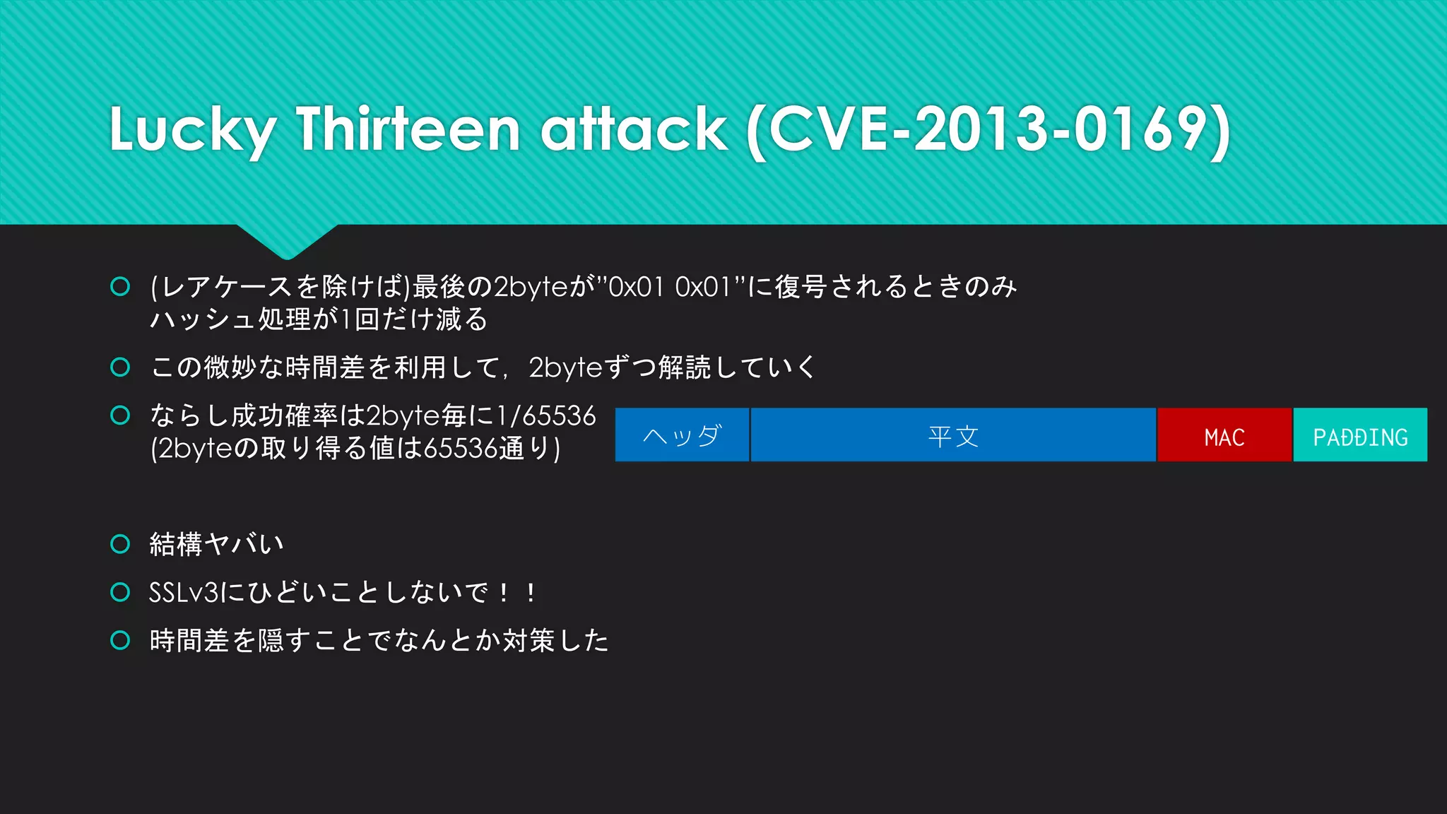  (レアケースを除けば)最後の2byteが”0x01 0x01”に復号されるときのみ
ハッシュ処理が1回だけ減る
 この微妙な時間差を利用して，2byteずつ解読していく
 ならし成功確率は2byte毎に1/65536
(2byteの取り得る値は65536通り)
 結構ヤバい
 SSLv3にひどいことしないで！！
 時間差を隠すことでなんとか対策した
Lucky Thirteen attack (CVE-2013-0169)
平文ヘッダ MAC PADDING
 