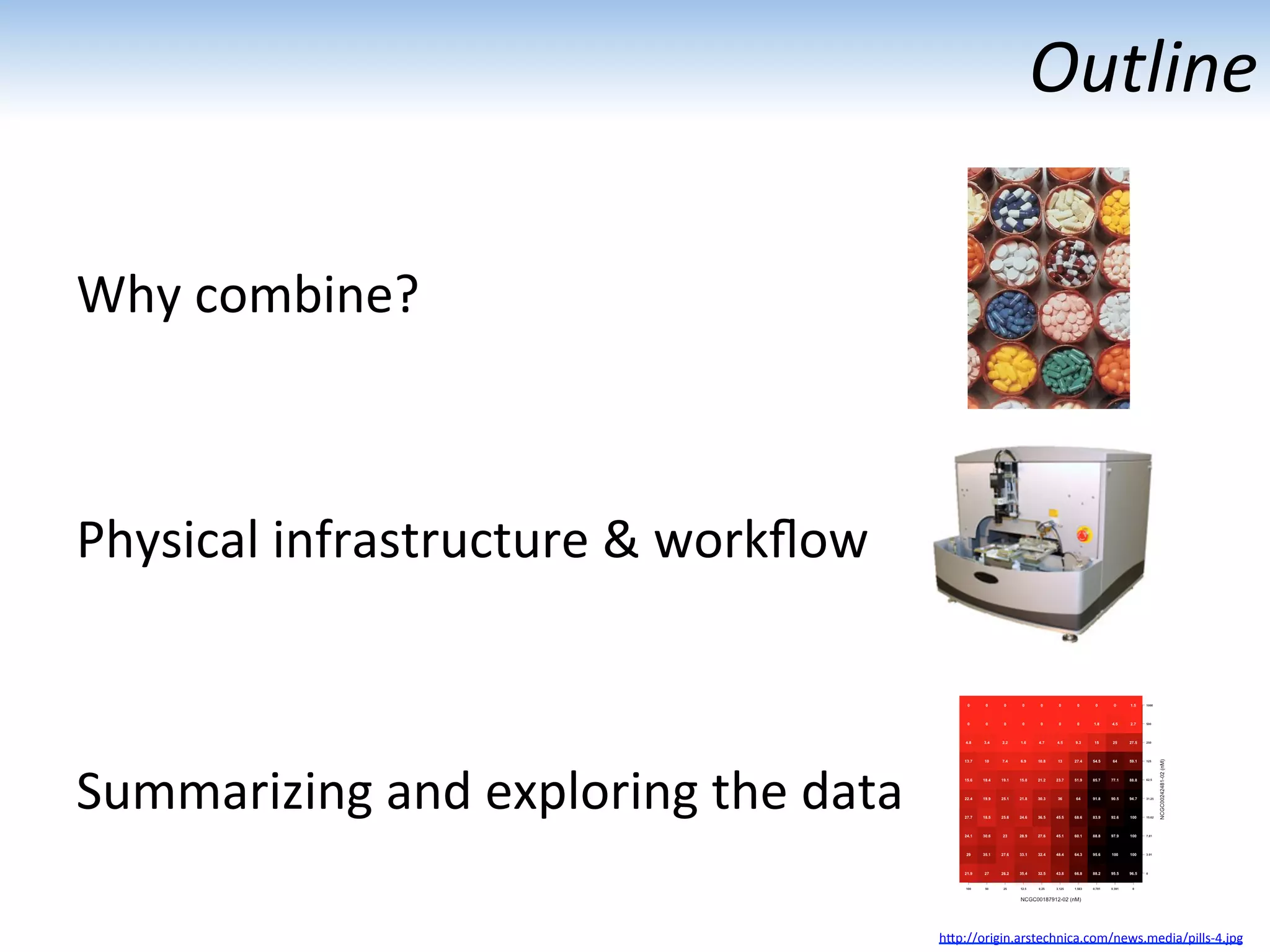 Outline	
  
hUp://origin.arstechnica.com/news.media/pills-­‐4.jpg	
  
Why	
  combine?	
  
Physical	
  infrastructure	
  &	
  workﬂow	
  
Summarizing	
  and	
  exploring	
  the	
  data	
  
 