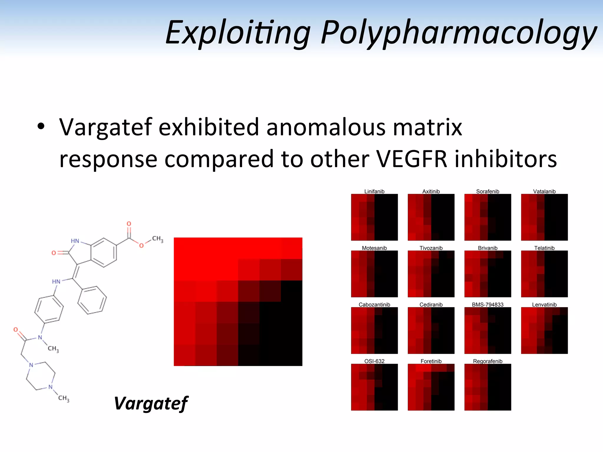 •  Vargatef	
  exhibited	
  anomalous	
  matrix	
  
response	
  compared	
  to	
  other	
  VEGFR	
  inhibitors	
  
	
  
	
  
	
  
	
  
	
  
Exploi1ng	
  Polypharmacology	
  
Vargatef	
  
Linifanib Axitinib Sorafenib Vatalanib
Motesanib Tivozanib Brivanib Telatinib
Cabozantinib Cediranib BMS-794833 Lenvatinib
OSI-632 Foretinib Regorafenib
 