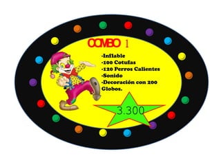 COMBO 1
-Inflable
-100 Cotufas
-120 Perros Calientes
-Sonido
-Decoración con 200
Globos.
3.300
 