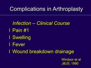 Complications in Arthroplasty
Infection – Clinical Course
l Pain #1
l Swelling
l Fever
l Wound breakdown drainage
Windsor et al
JBJS; 1990
 