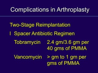 Complications in Arthroplasty
Two-Stage Reimplantation
l Spacer Antibiotic Regimen
Tobramycin 2.4 gm/3.6 gm per
40 gms of PMMA
Vancomycin > gm to 1 gm per
gms of PMMA
 