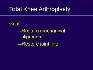 Total Knee Arthroplasty
Goal
—Restore mechanical
alignment
—Restore joint line
 