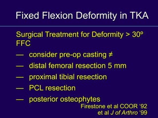 Fixed Flexion Deformity in TKA
Surgical Treatment for Deformity > 30º
FFC
— consider pre-op casting ≠
— distal femoral resection 5 mm
— proximal tibial resection
— PCL resection
— posterior osteophytes
Firestone et al COOR ‘92
et al J of Arthro ‘99
 