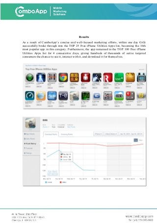 Results
As a result of ComboApp’s concise and well-focused marketing efforts, within one day GiGi
successfully broke through into the TOP 25 Free iPhone Utilities Apps list, becoming the 16th
most popular app in this category. Furthermore, the app remained in the TOP 100 Free iPhone
Utilities Apps list for 4 consecutive days, giving hundreds of thousands of active targeted
consumers the chance to see it, interact with it, and download it for themselves.
 